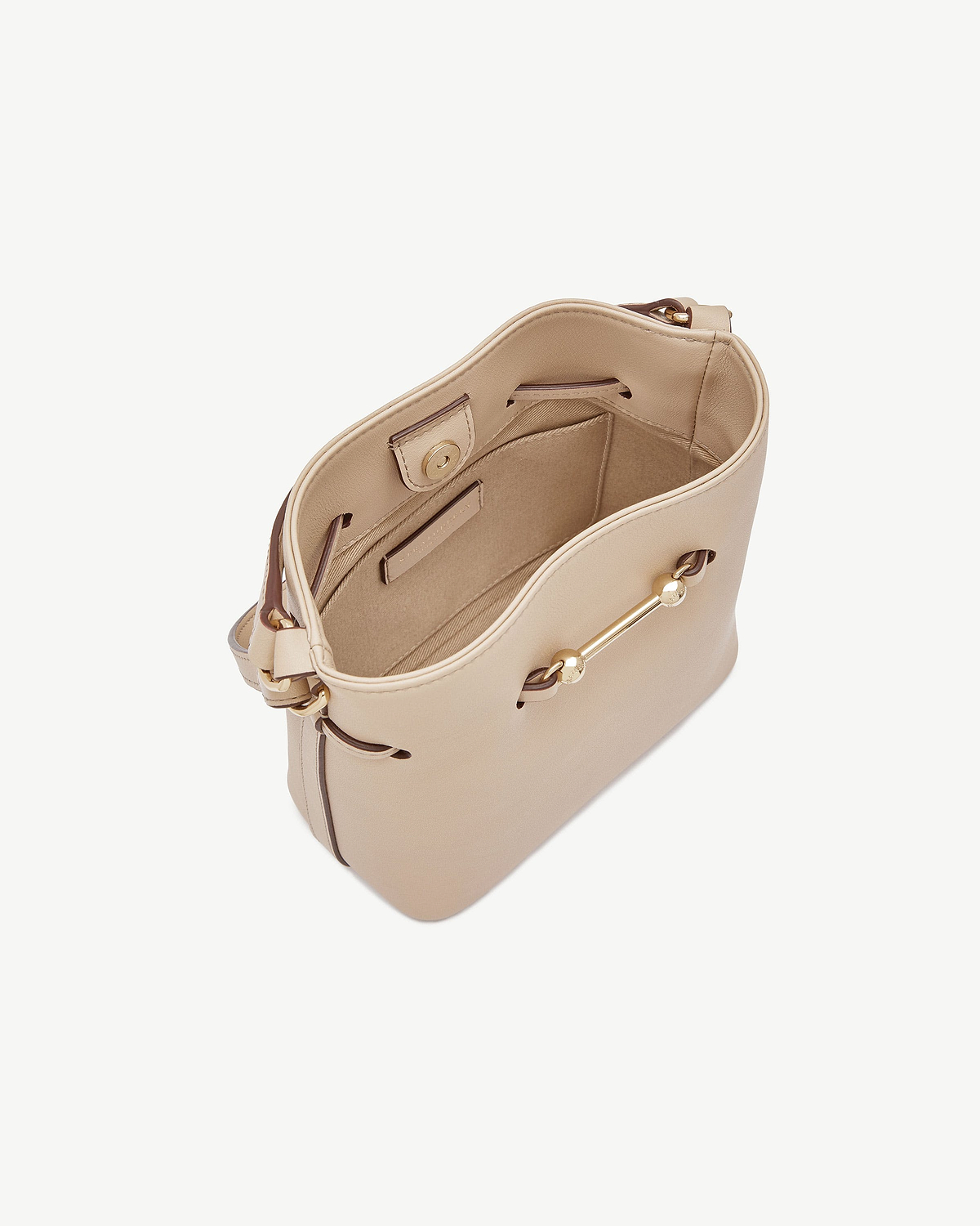 Oat leather Corda Bucket Mini bag top view showing interior and metal bar detail