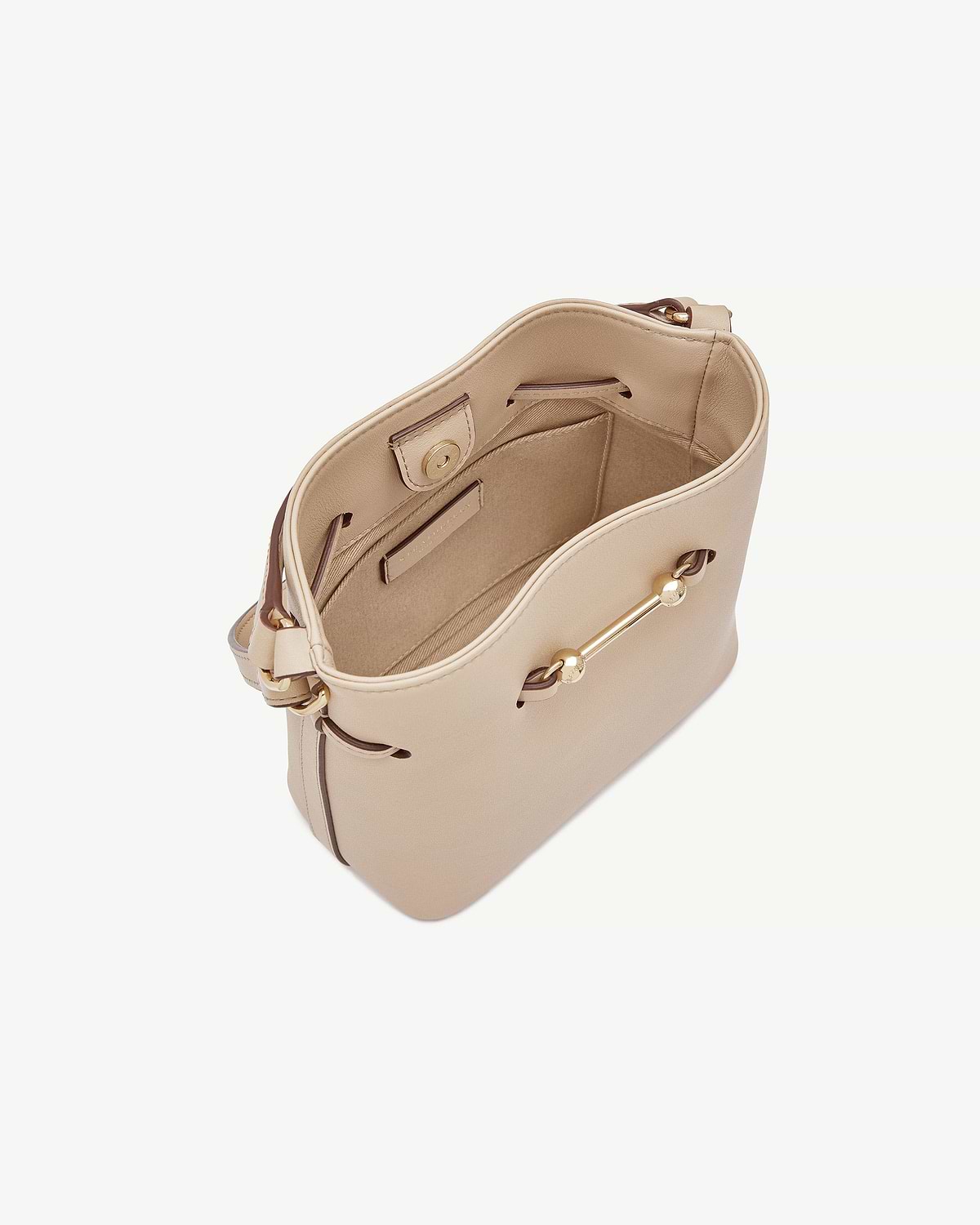 Oat leather Corda Bucket Mini bag top view showing interior and metal bar detail