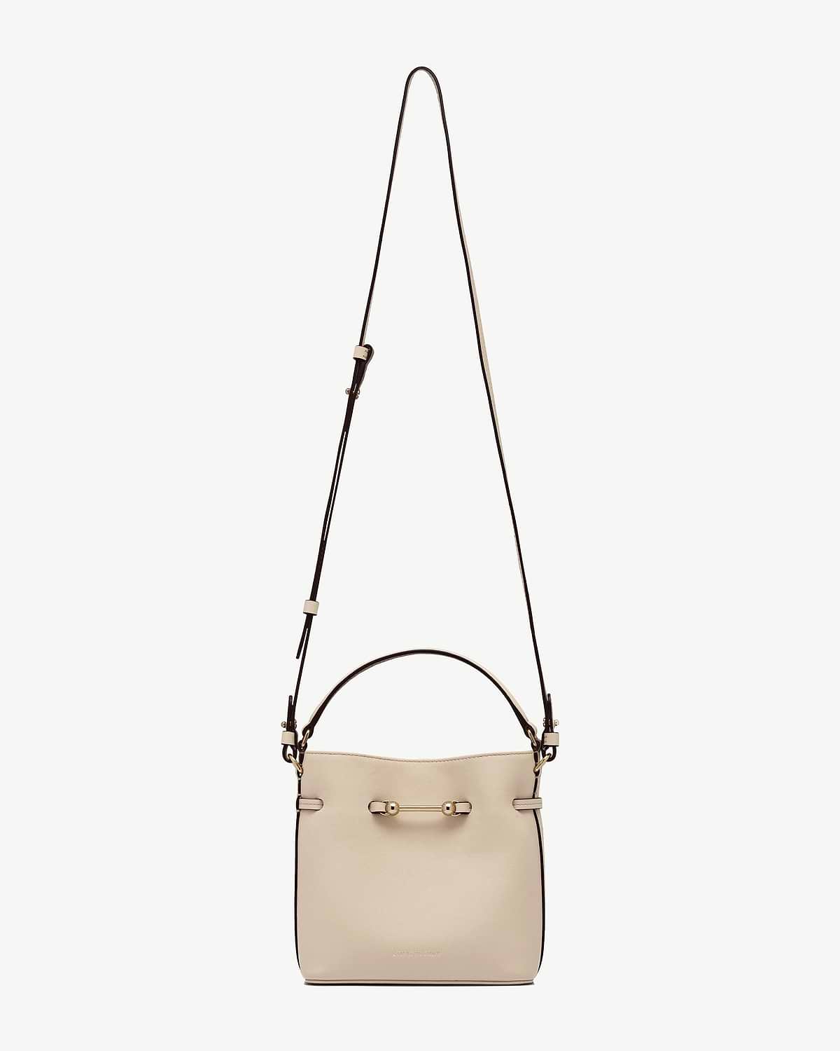 Oat Corda Bucket Mini bag with top handle and long shoulder strap.