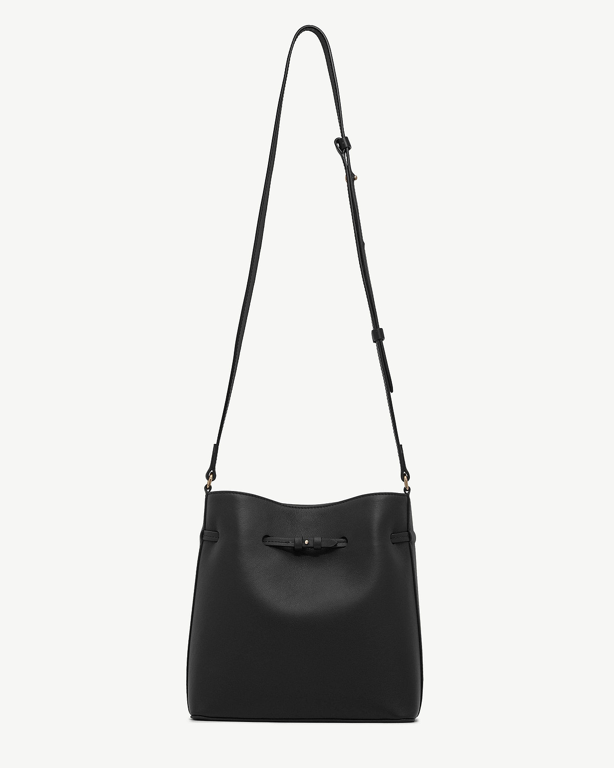 Black bucket bag with adjustable shoulder strap and knotted drawstring fastening