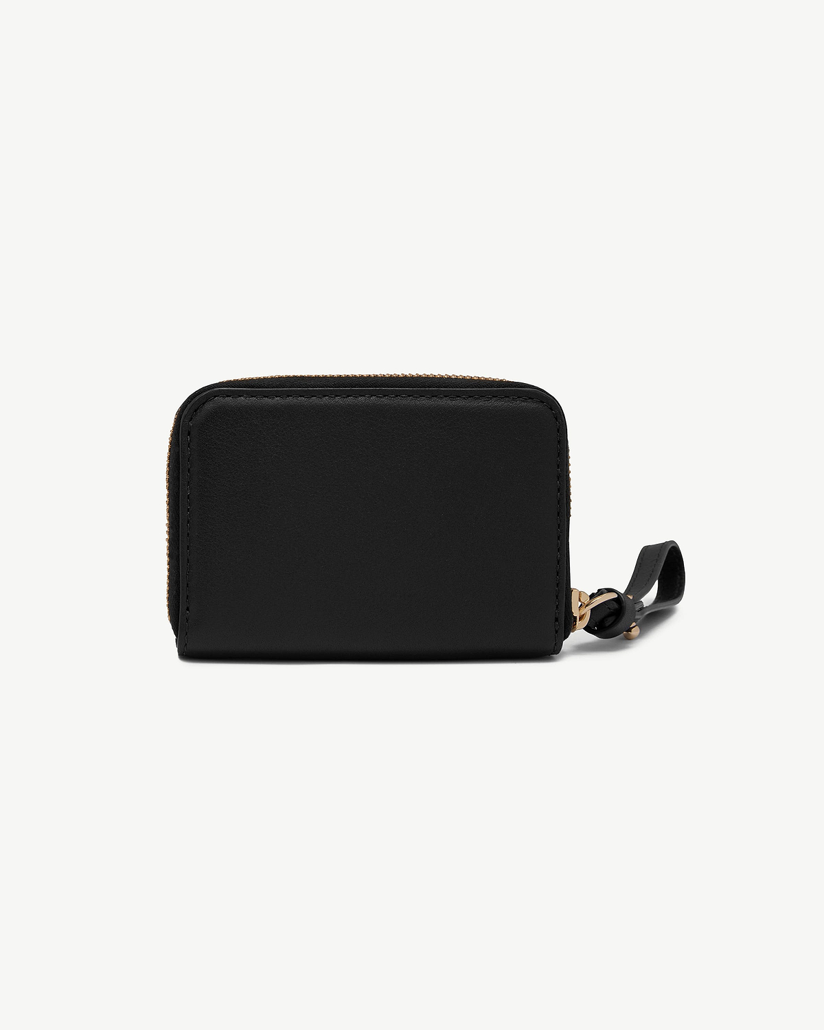 Black zip-around wallet with gold zip and leather pull tab.
