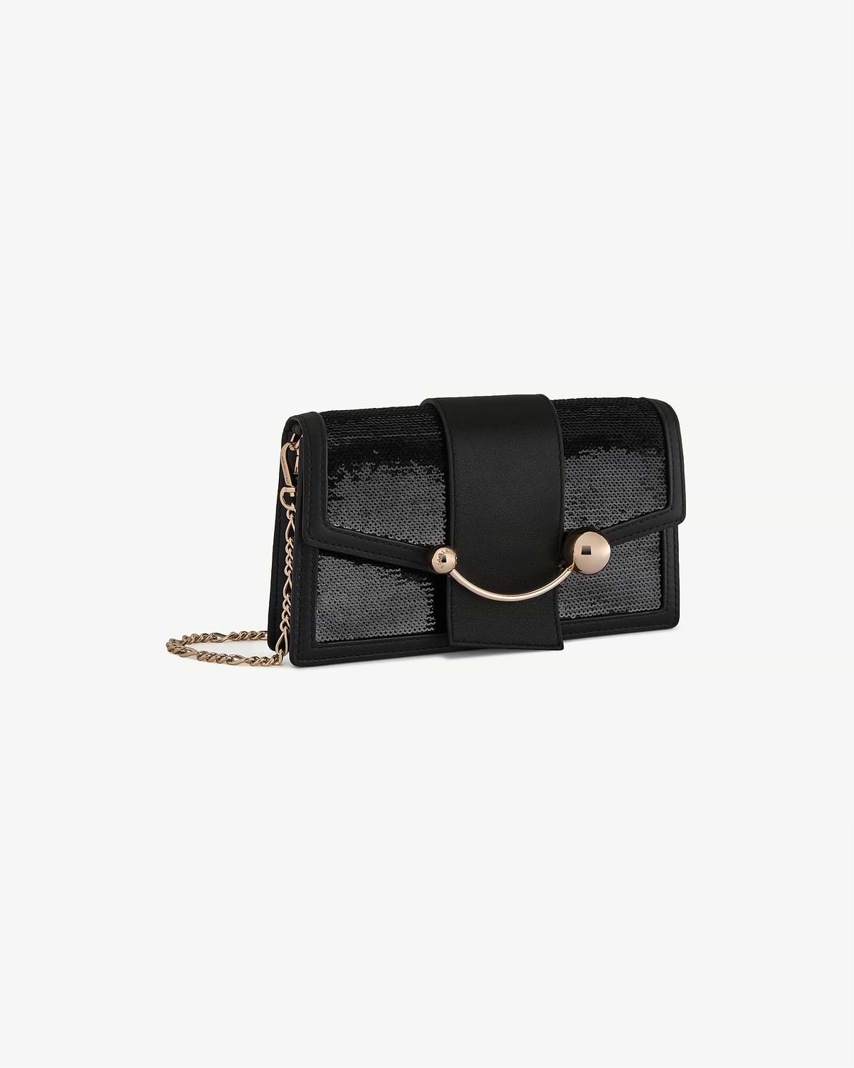 Black sequin crescent bag with gold crescent hardware and chain strap.