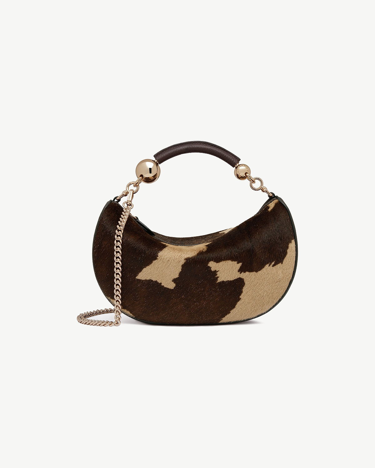 Crescent mini bag in sand and espresso spot print with gold chain and top handle