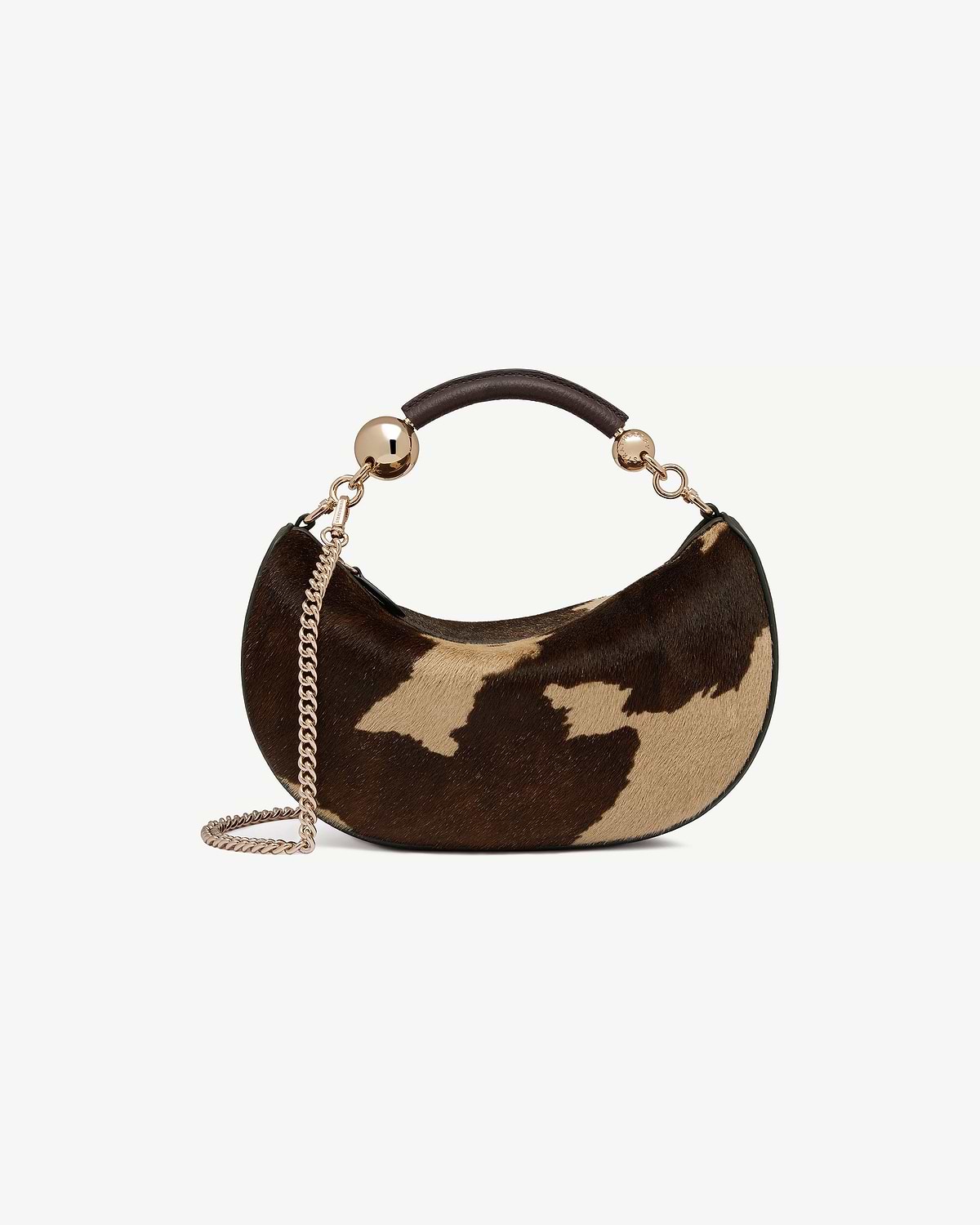 Crescent mini bag in sand and espresso spot print with gold chain and top handle