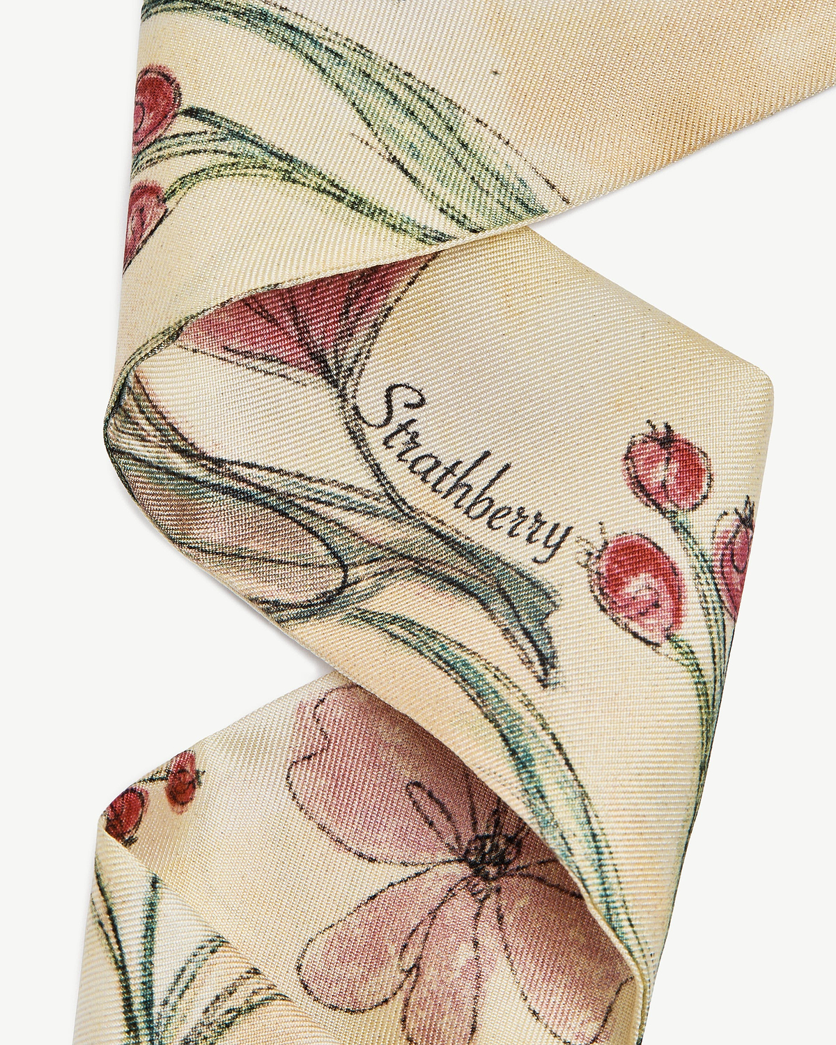 Butter yellow silk skinny scarf close-up with pink floral print and Strathberry wordmark.