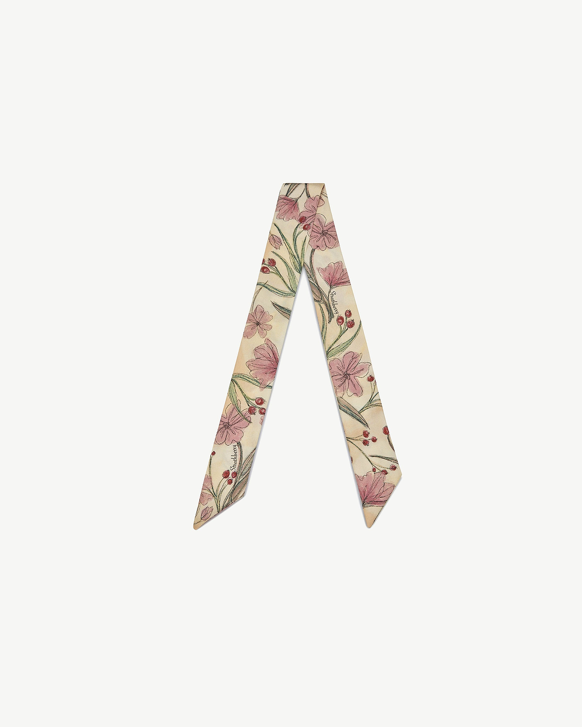 Strathberry butter yellow silk skinny scarf with pink flowers and red berry print