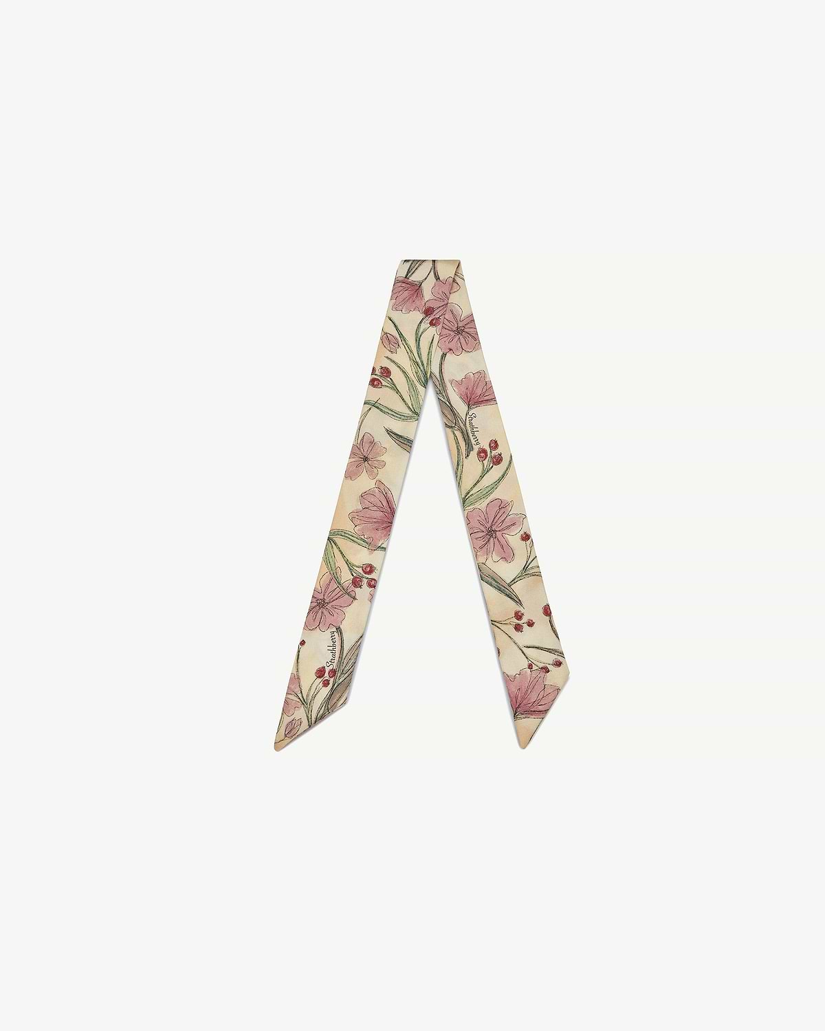 Strathberry butter yellow silk skinny scarf with pink flowers and red berry print