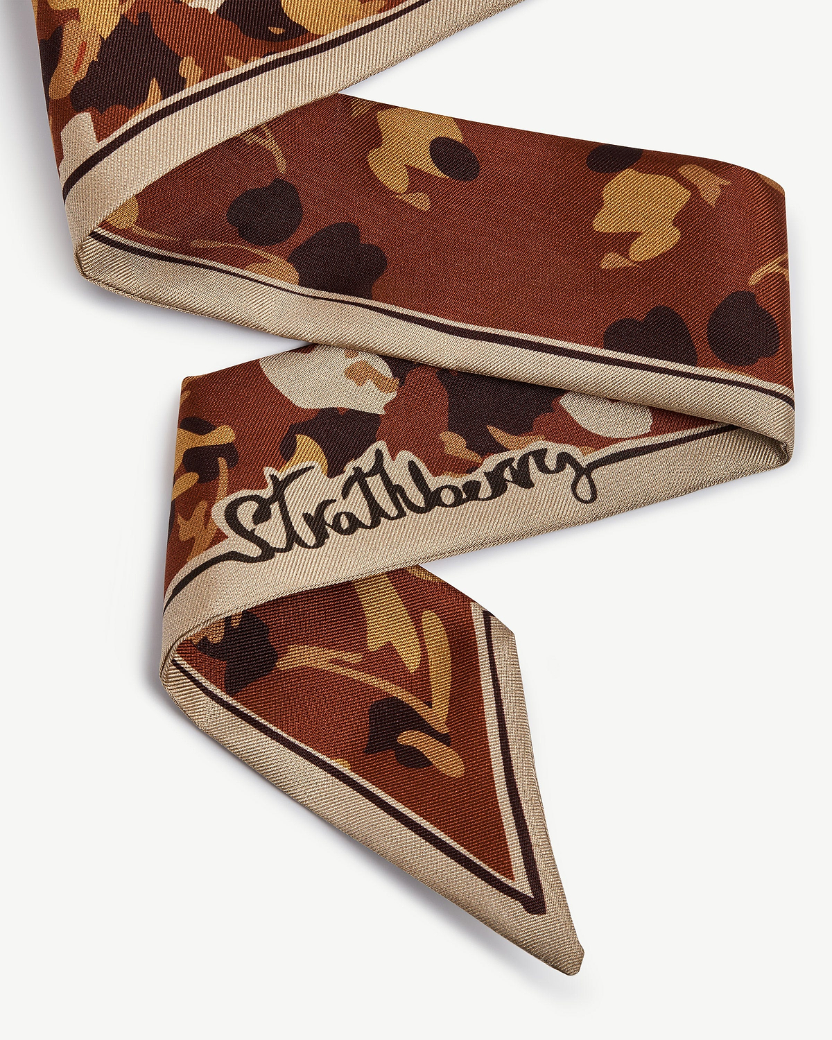 Sand and oxblood silk skinny scarf with pop flower print and Strathberry logo