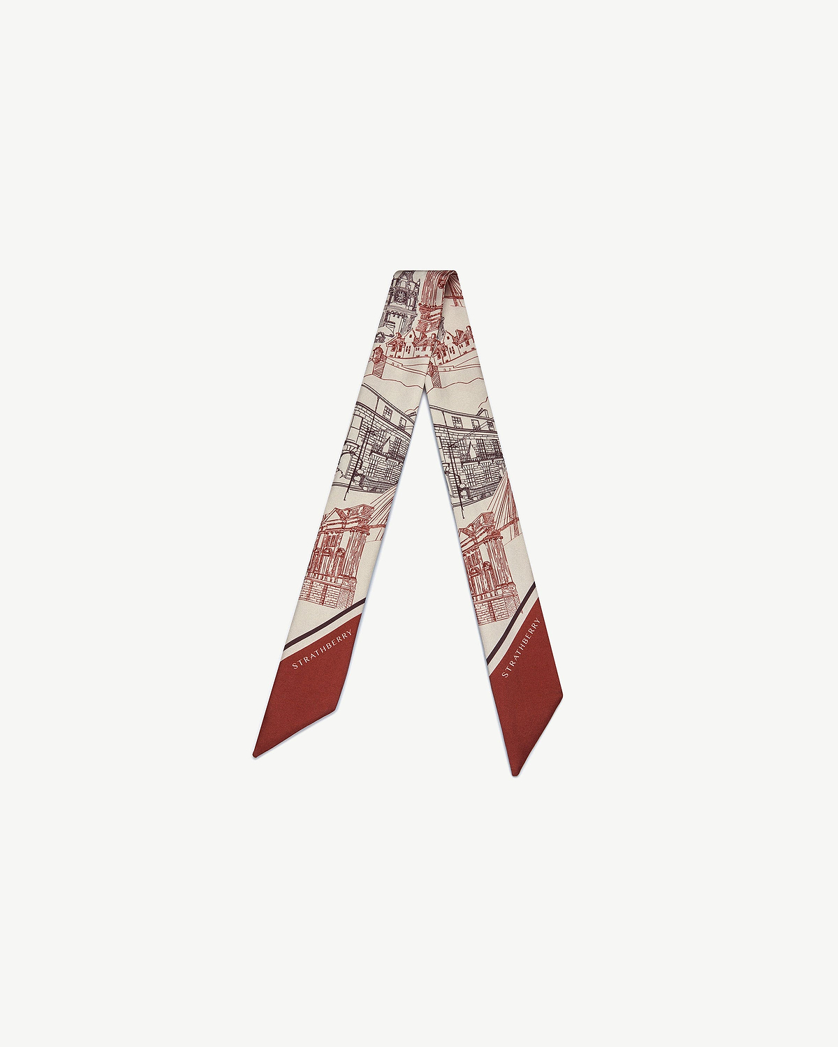 Strathberry oxblood silk skinny scarf with burgundy Edinburgh architecture print.