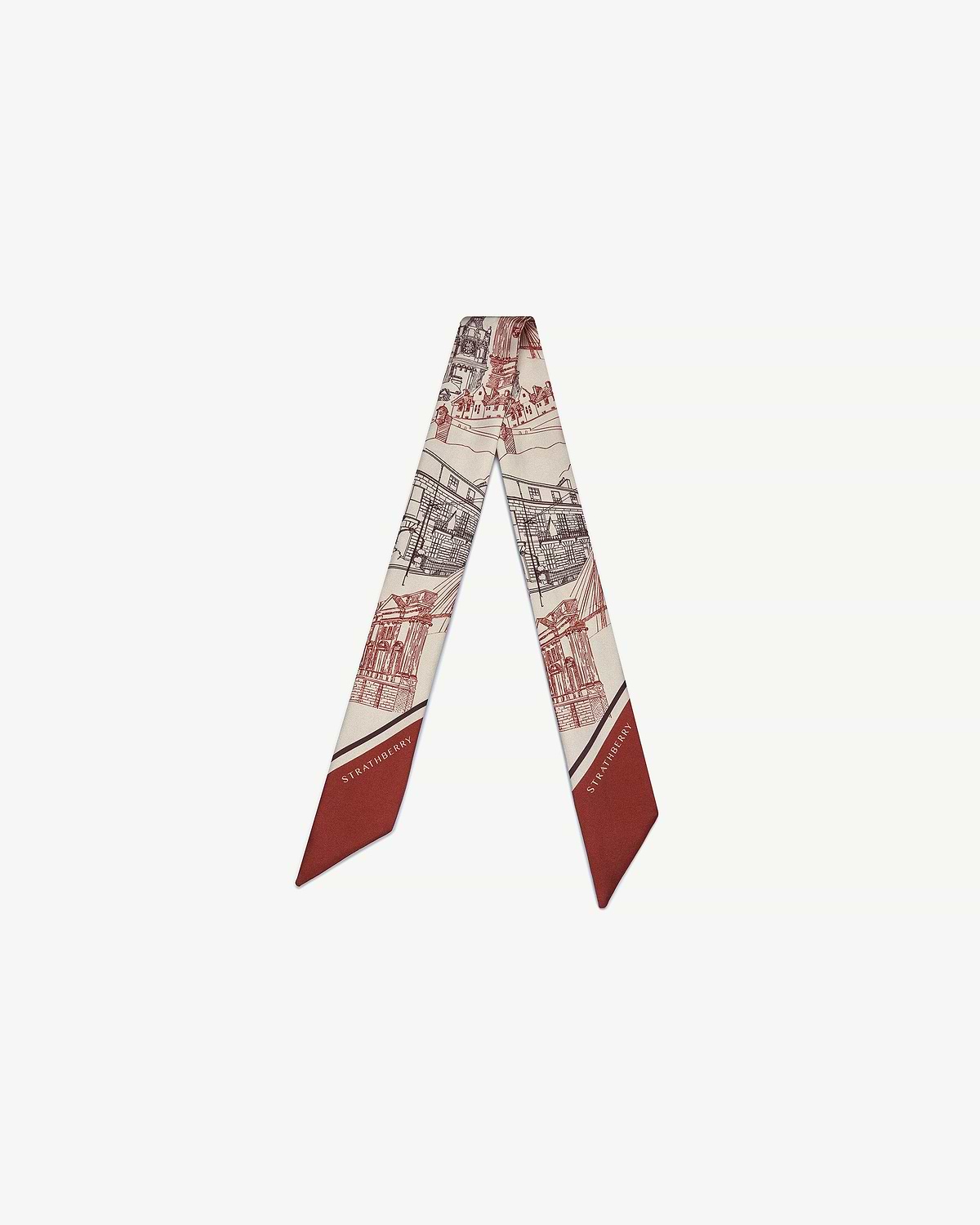 Strathberry oxblood silk skinny scarf with burgundy Edinburgh architecture print.