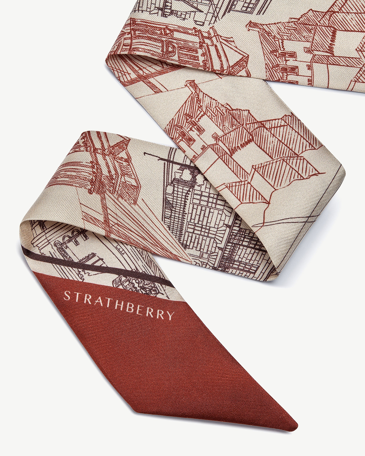 Silk skinny scarf in oxblood burgundy with Edinburgh architecture print and Strathberry logo