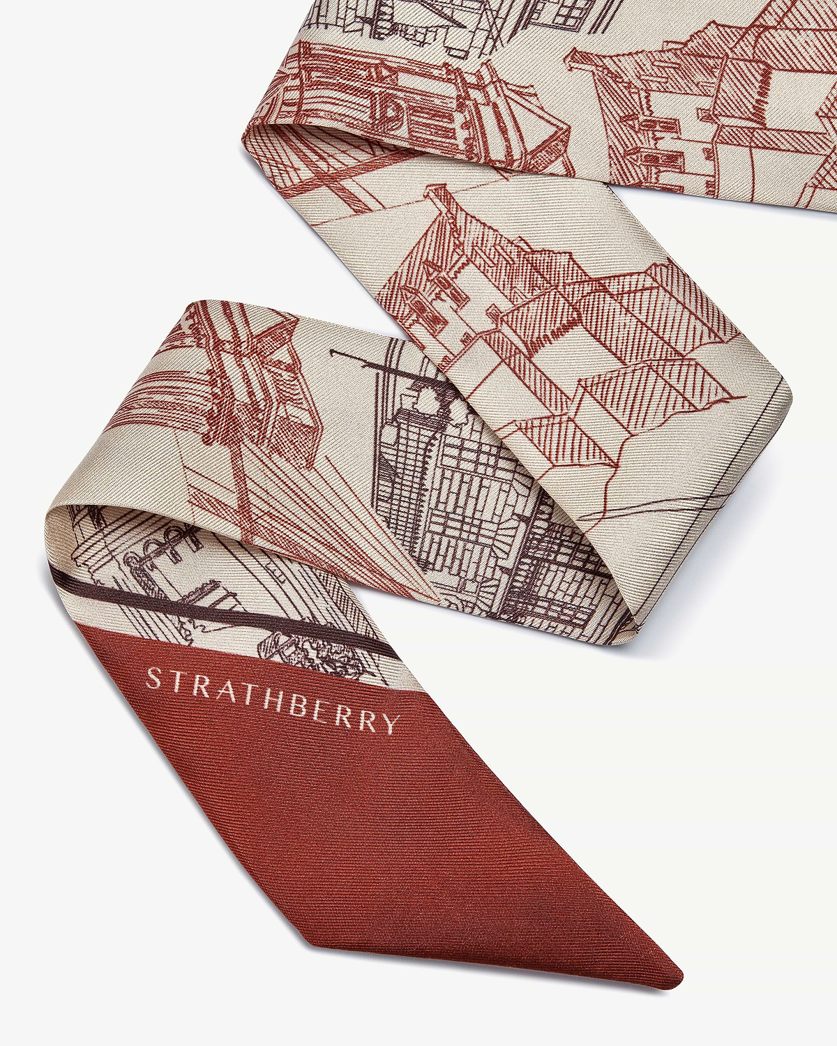 Silk skinny scarf in oxblood burgundy with Edinburgh architecture print and Strathberry logo