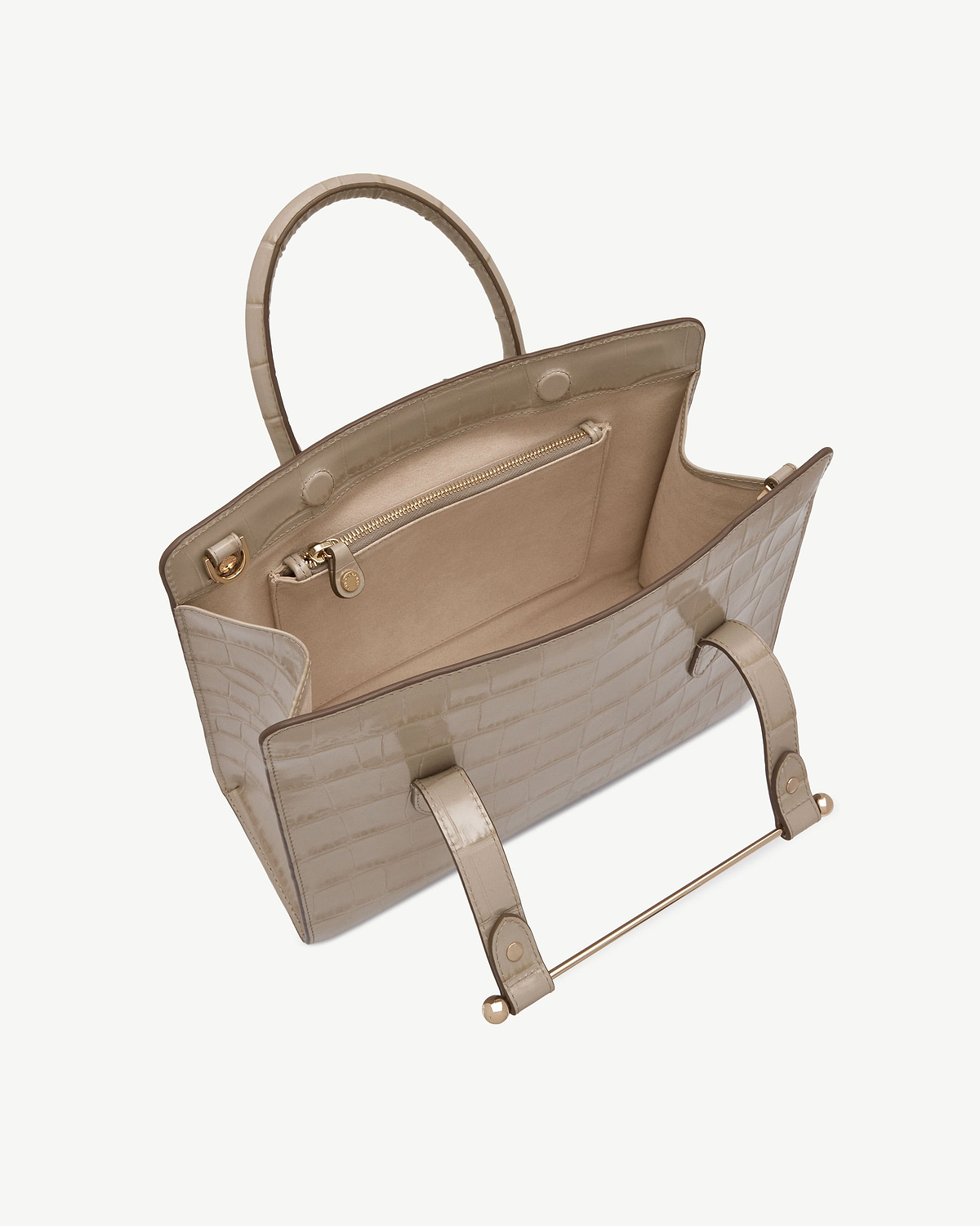 Croc-embossed midi tote with open interior, zip pocket and gold hardware.