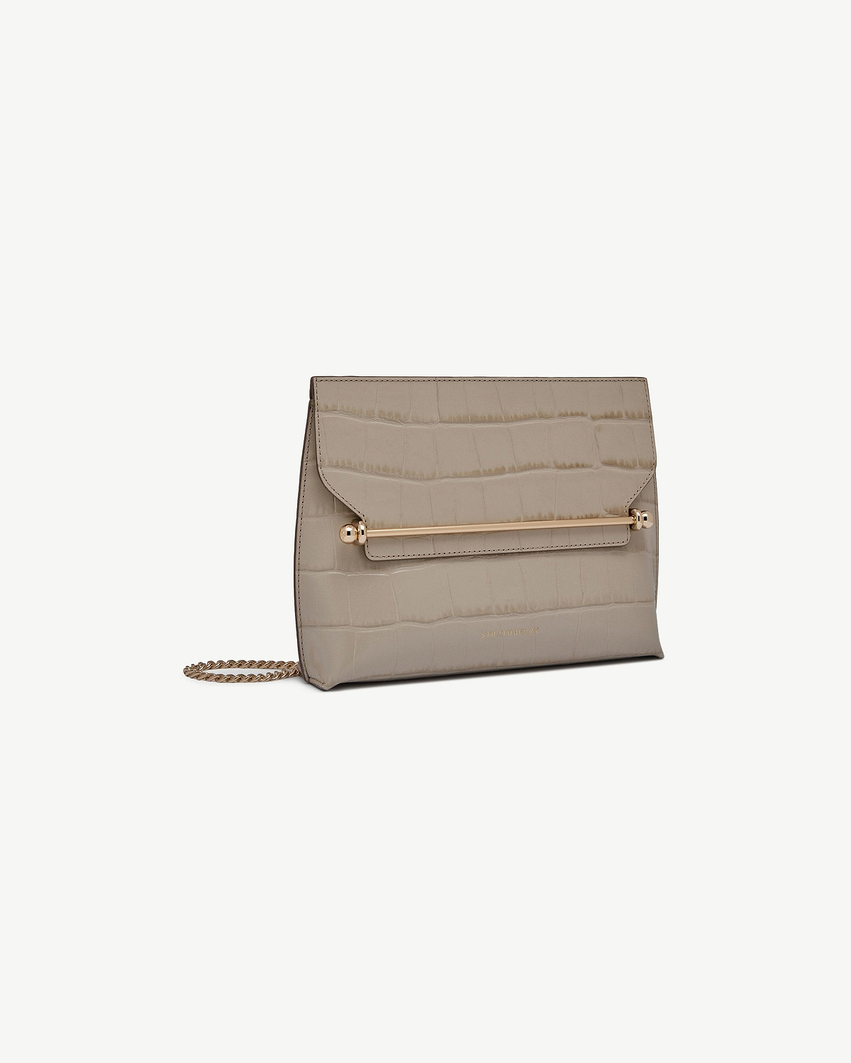 Strathberry Stylist croc-embossed taupe bag with gold bar and chain strap.