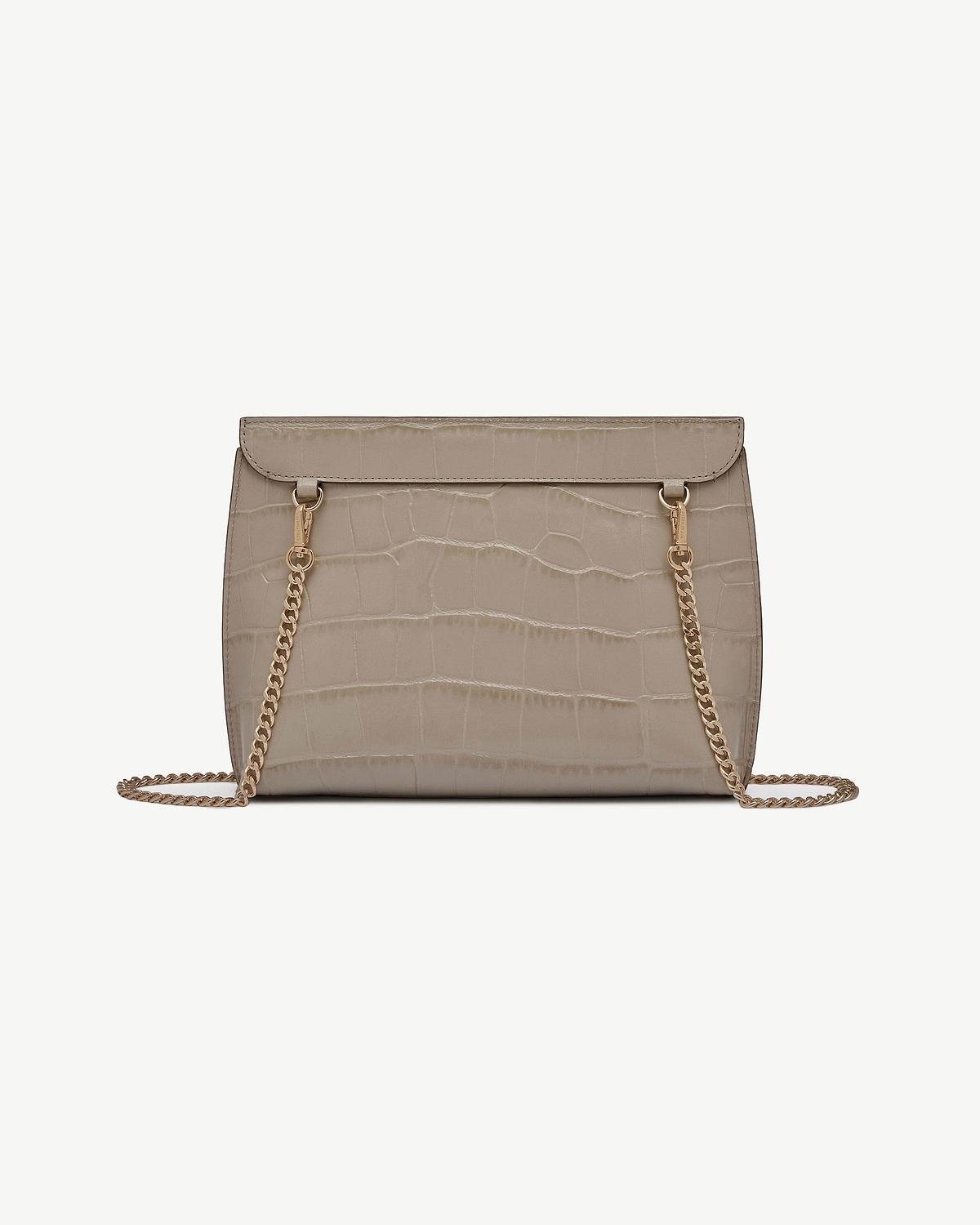 Croc-embossed beige shoulder bag with flap top and gold chain strap.