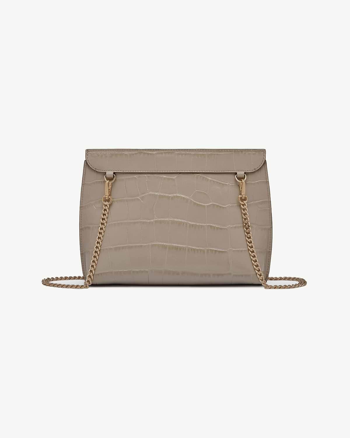 Croc-embossed beige shoulder bag with flap top and gold chain strap.