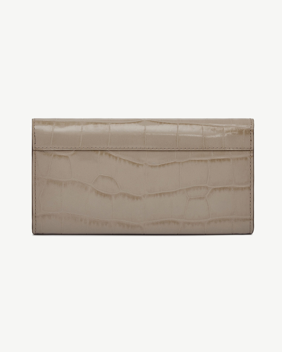 Beige croc-embossed leather wallet with folded top and visible stitching.
