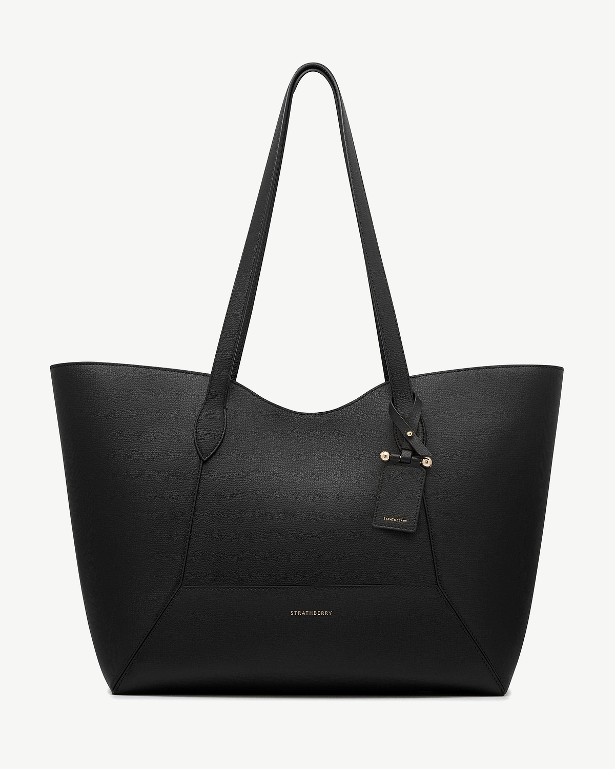 Black Mosaic Cabas tote bag with long handles, gold hardware and Strathberry logo.