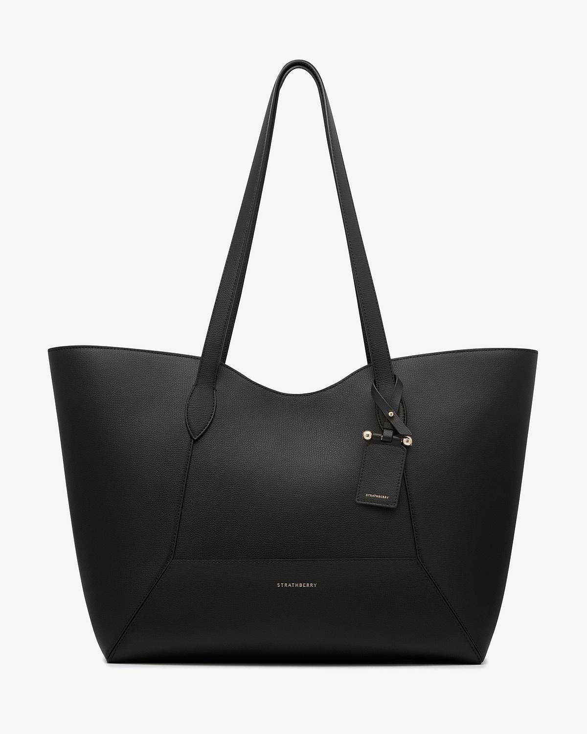 Black Mosaic Cabas tote bag with long handles, gold hardware and Strathberry logo.