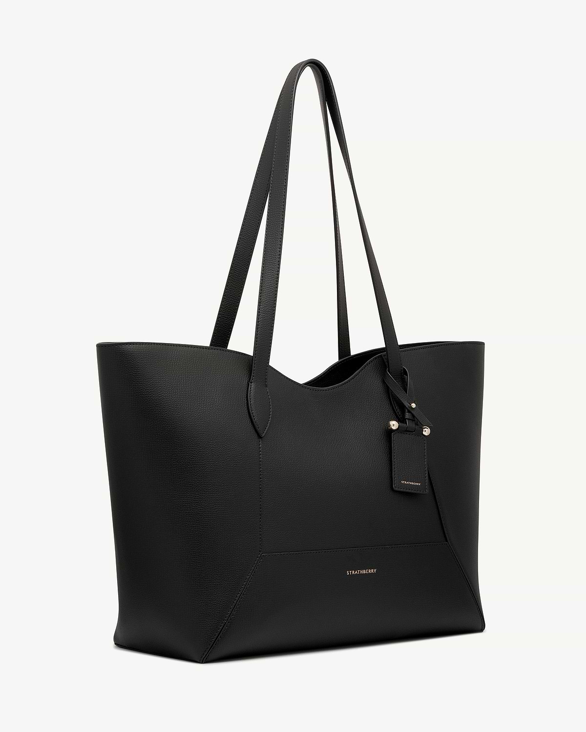 Black Mosaic Cabas tote with long handles and gold Strathberry logo.
