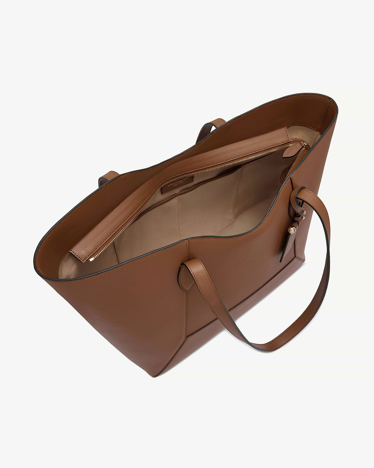 Top-down view of hazelnut Mosaic Cabas tote showing interior and zip pocket.