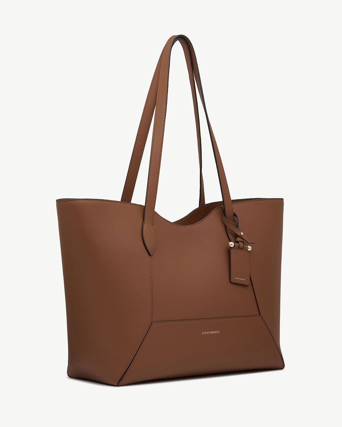 Hazelnut Mosaic Cabas leather tote with long handles and Strathberry logo.