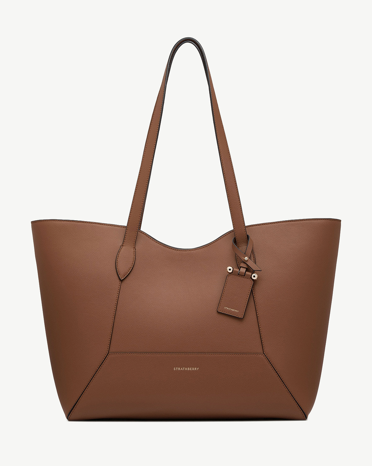 Strathberry Mosaic Cabas hazelnut leather tote with long handles, leather tag and gold studs.