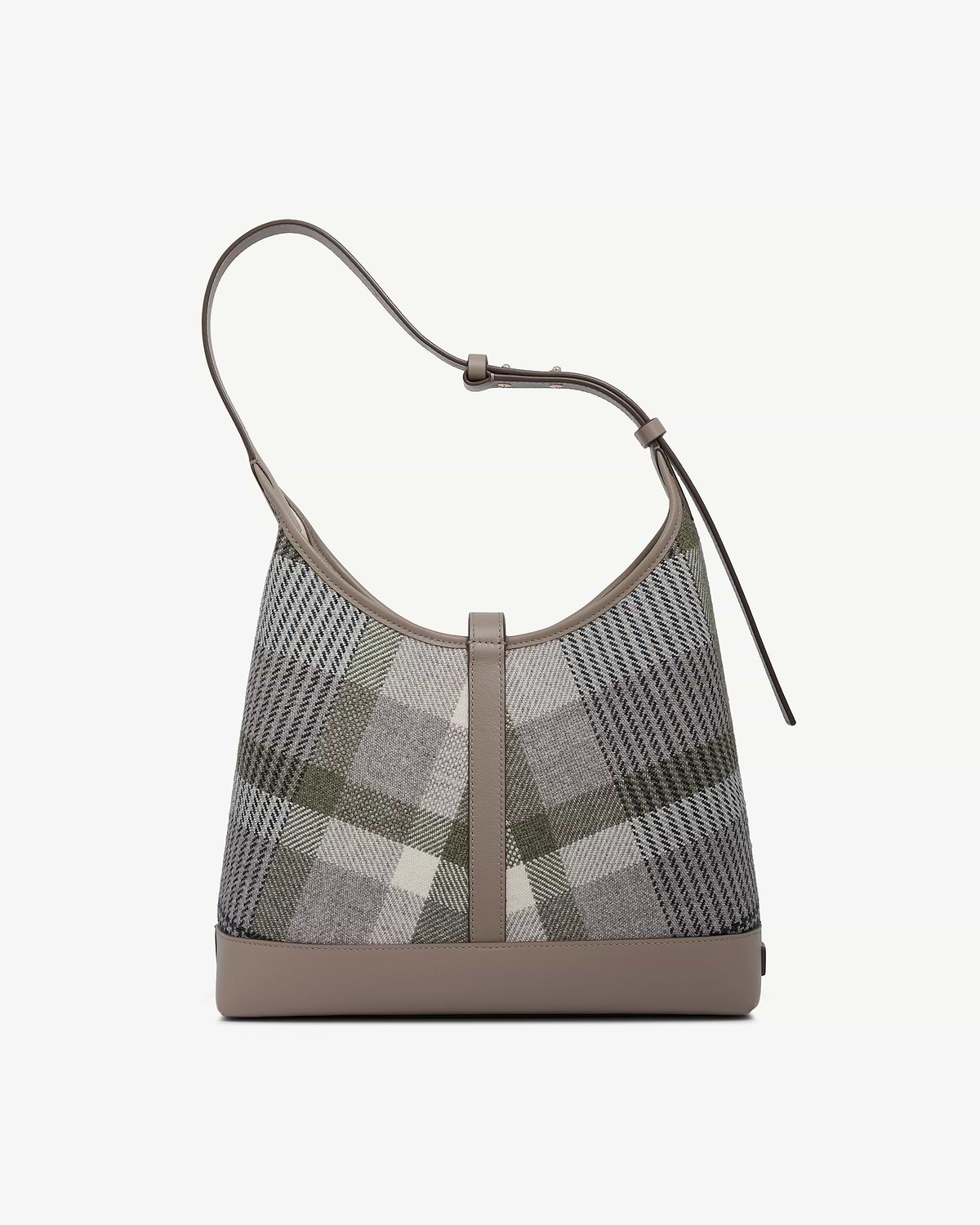 Kite hobo bag in taupe tartan fabric with leather trim and shoulder strap.