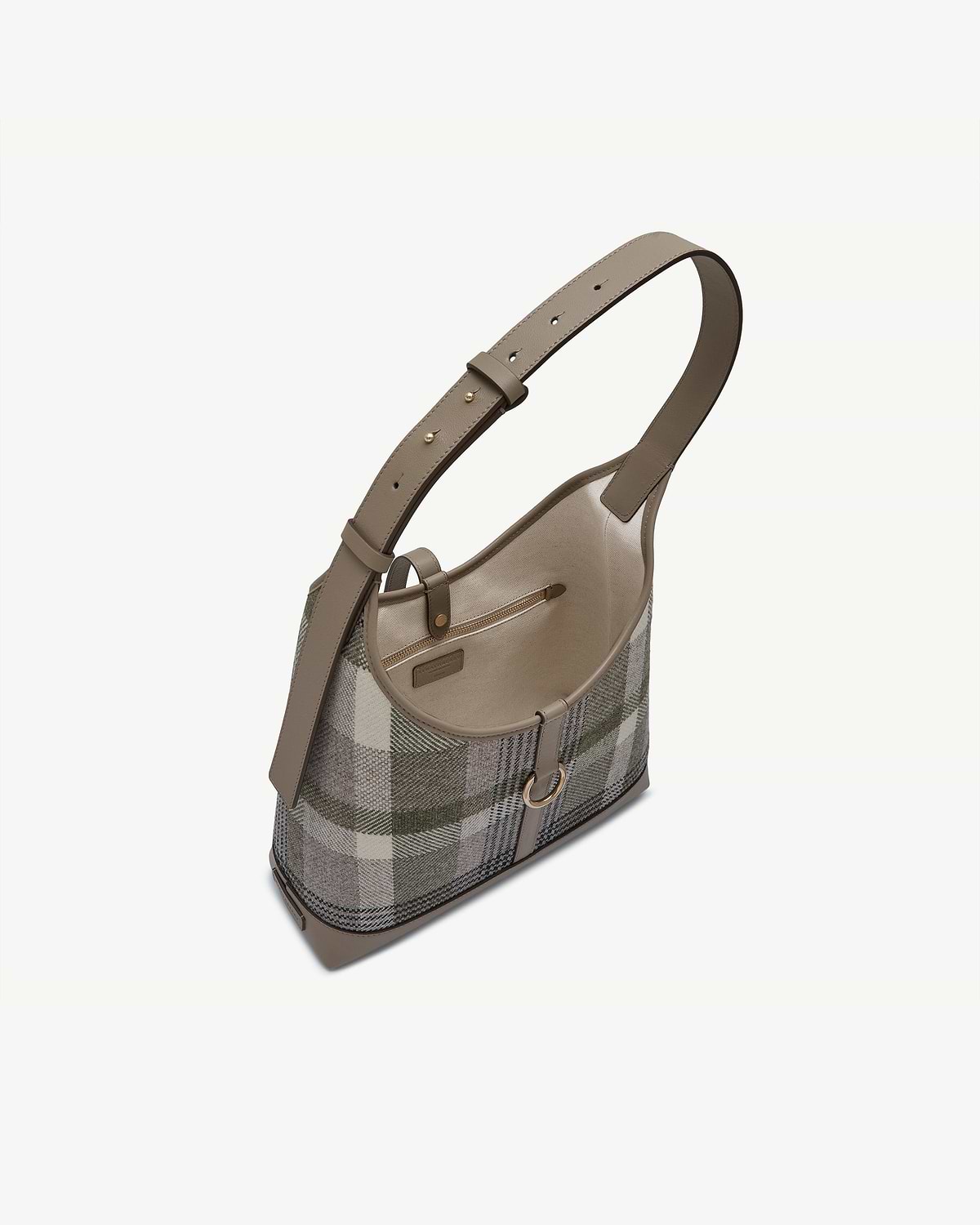 Tartan taupe Kite Hobo bag with adjustable leather strap and interior zip pocket.