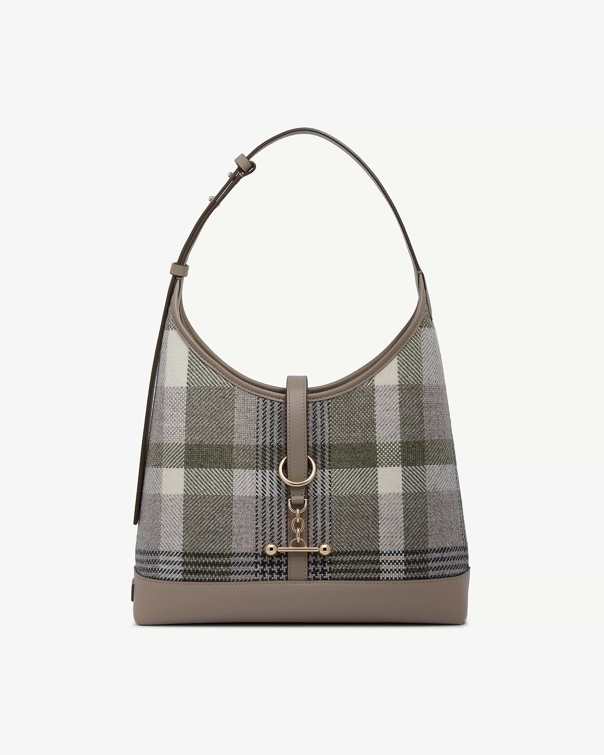 Kite hobo bag in tartan taupe fabric with taupe leather trim and gold hardware.