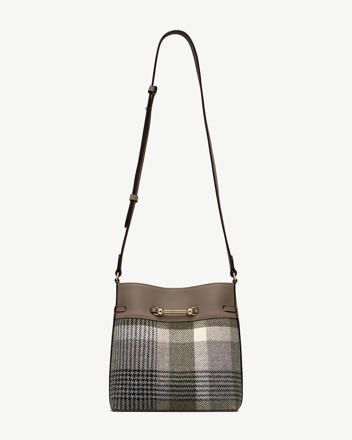 Tartan bucket bag with taupe leather trim, adjustable shoulder strap, gold bar hardware.