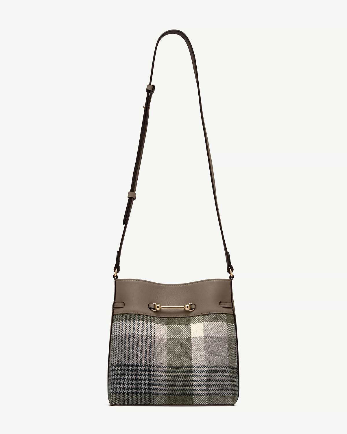 Tartan bucket bag with taupe leather trim, adjustable shoulder strap, gold bar hardware.