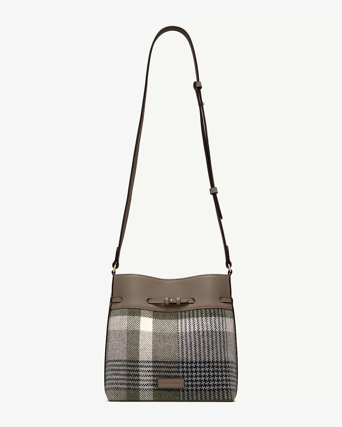 Strathberry Corda bucket bag in tartan taupe with taupe leather trim and adjustable strap.