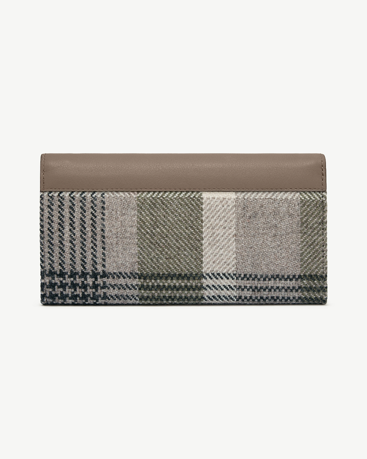 Tartan taupe wallet with woven fabric body, taupe leather trim and stitched top edge