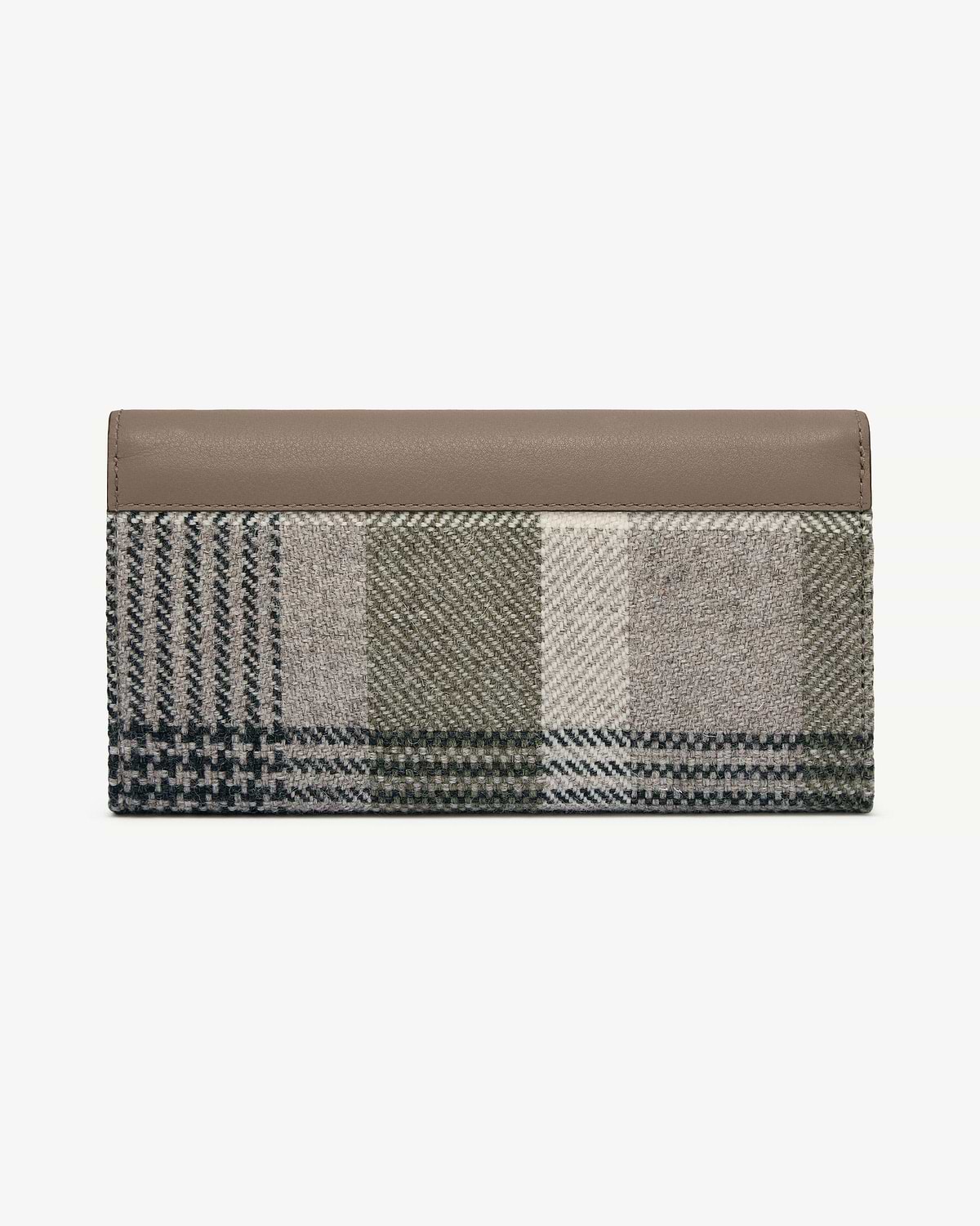 Tartan taupe wallet with woven fabric body, taupe leather trim and stitched top edge