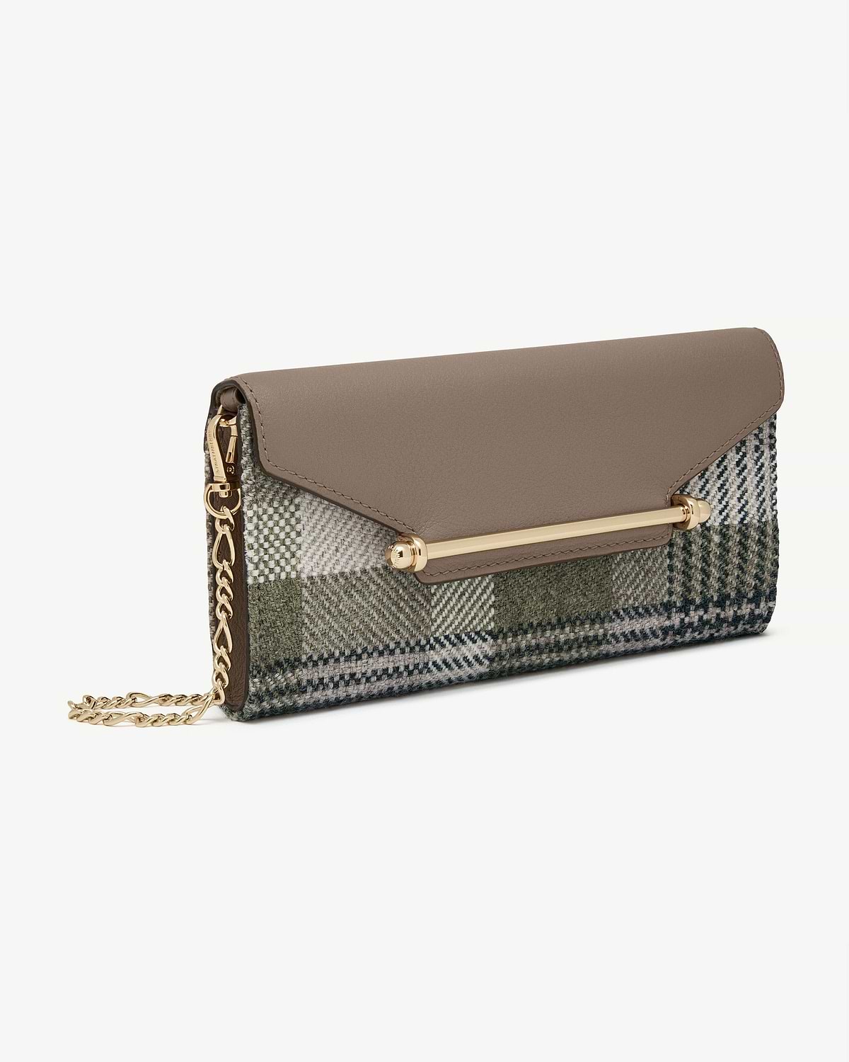 Chain wallet with taupe leather flap, tartan fabric body, gold bar and chain.