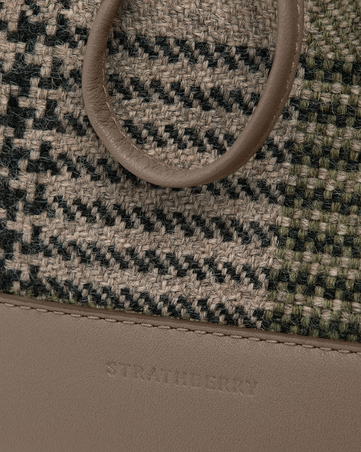 Strathberry Osette midi pouch tartan taupe woven fabric and leather trim.