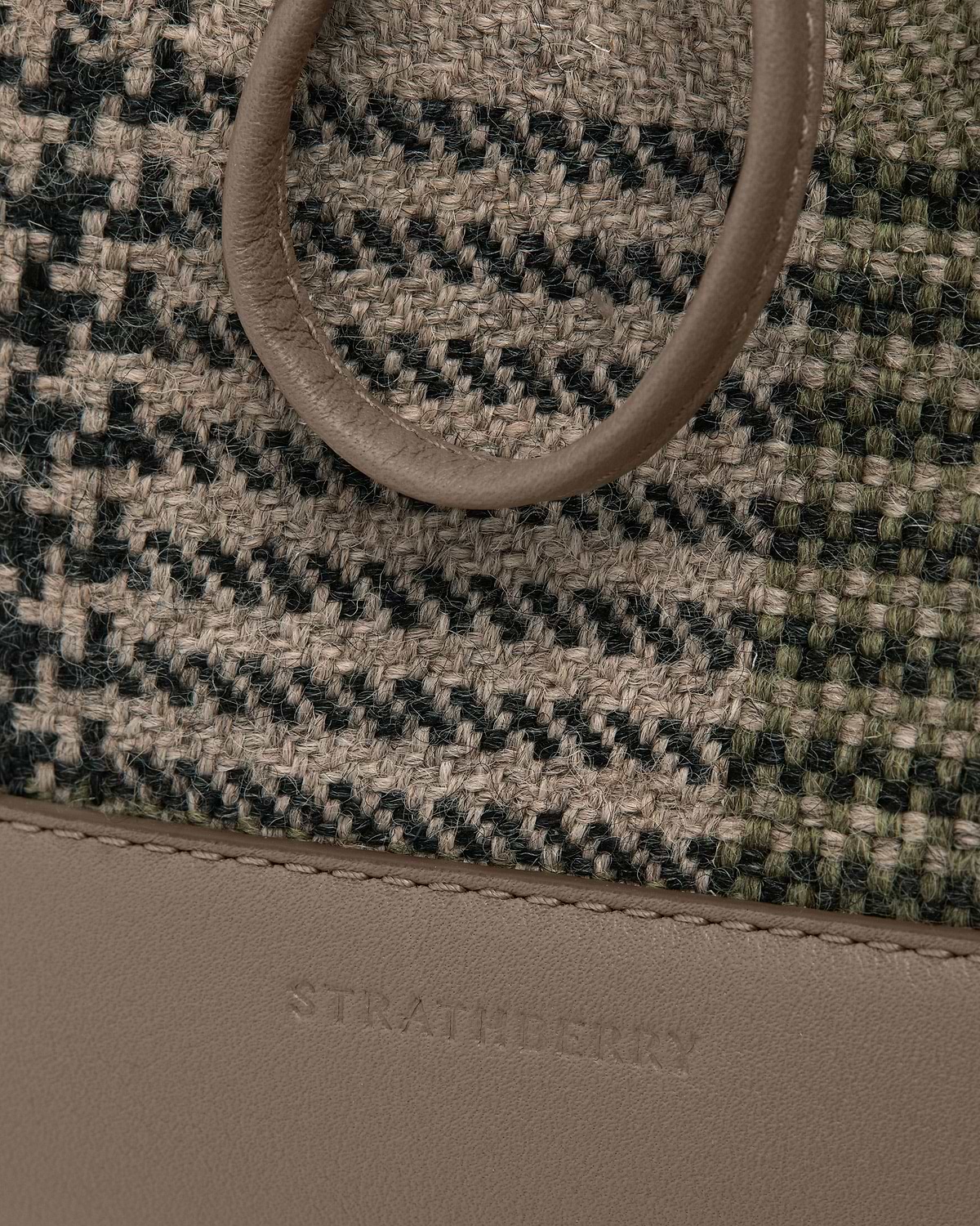 Strathberry Osette midi pouch tartan taupe woven fabric and leather trim.