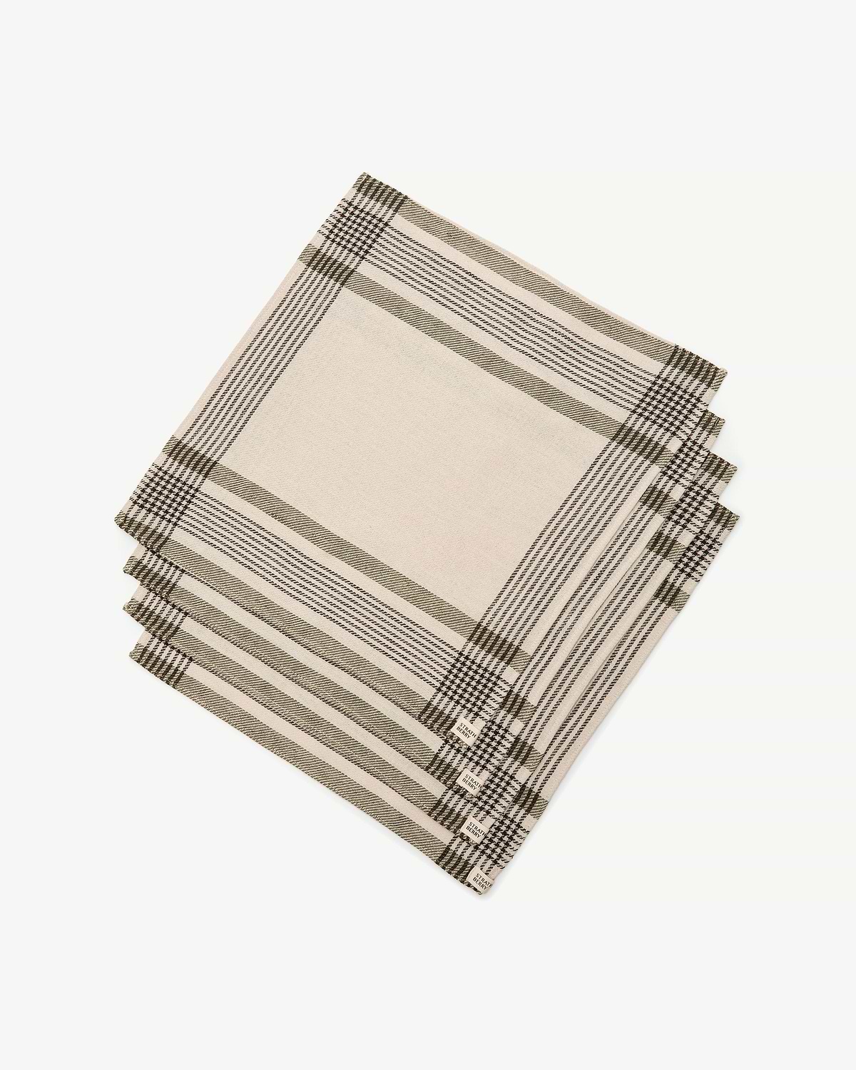 Stacked Strathberry tartan cotton-linen napkins in beige and olive check.
