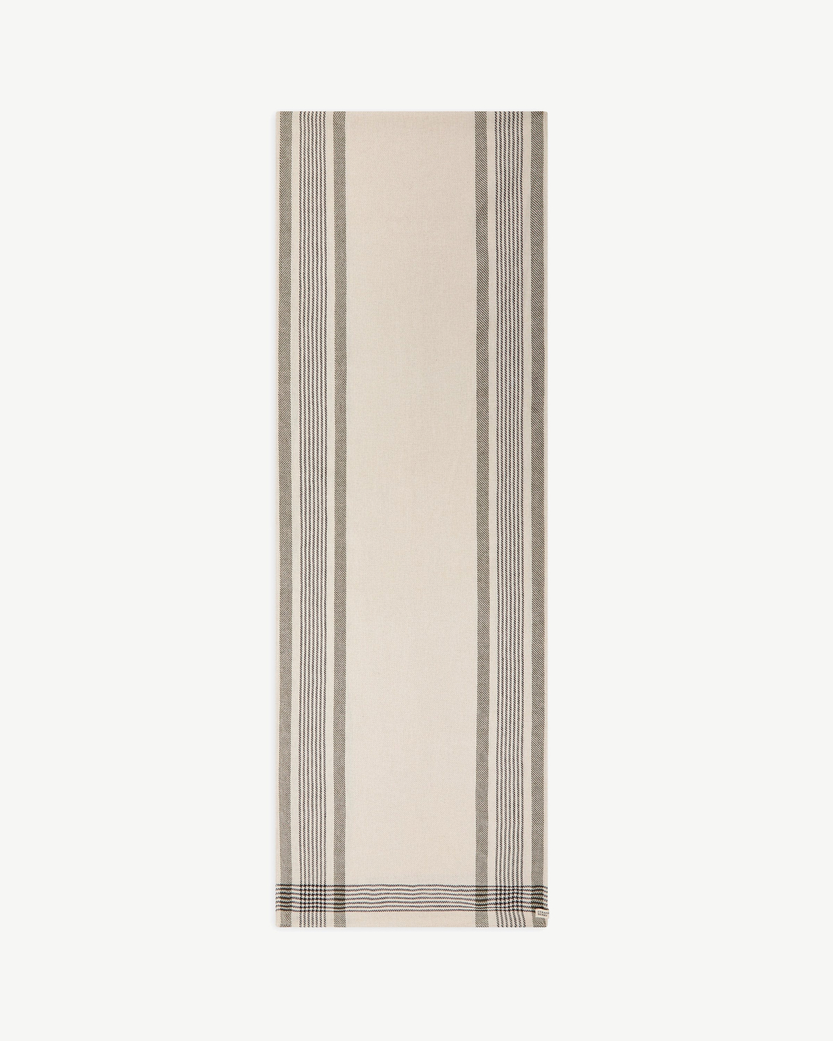 Strathberry tartan cotton linen table runner in beige with grey striped pattern