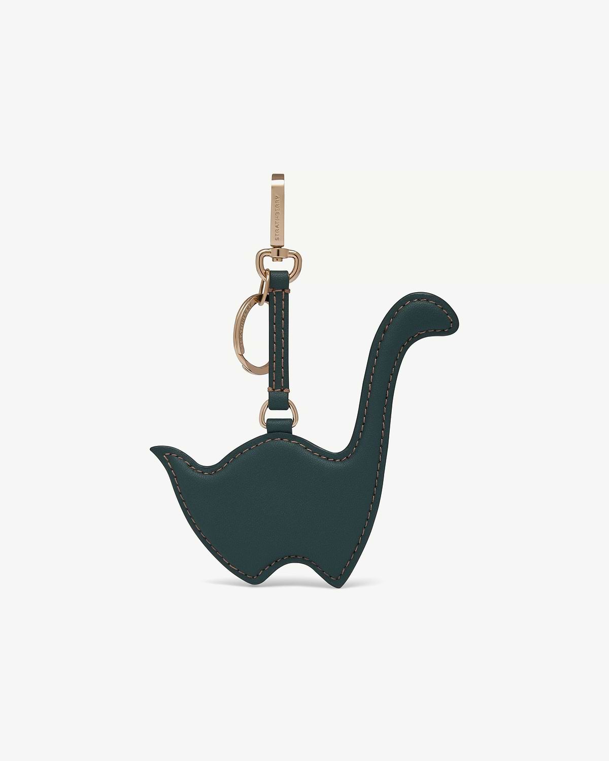 Strathberry bottle green leather Nessie bag charm with gold hardware and contrast stitching