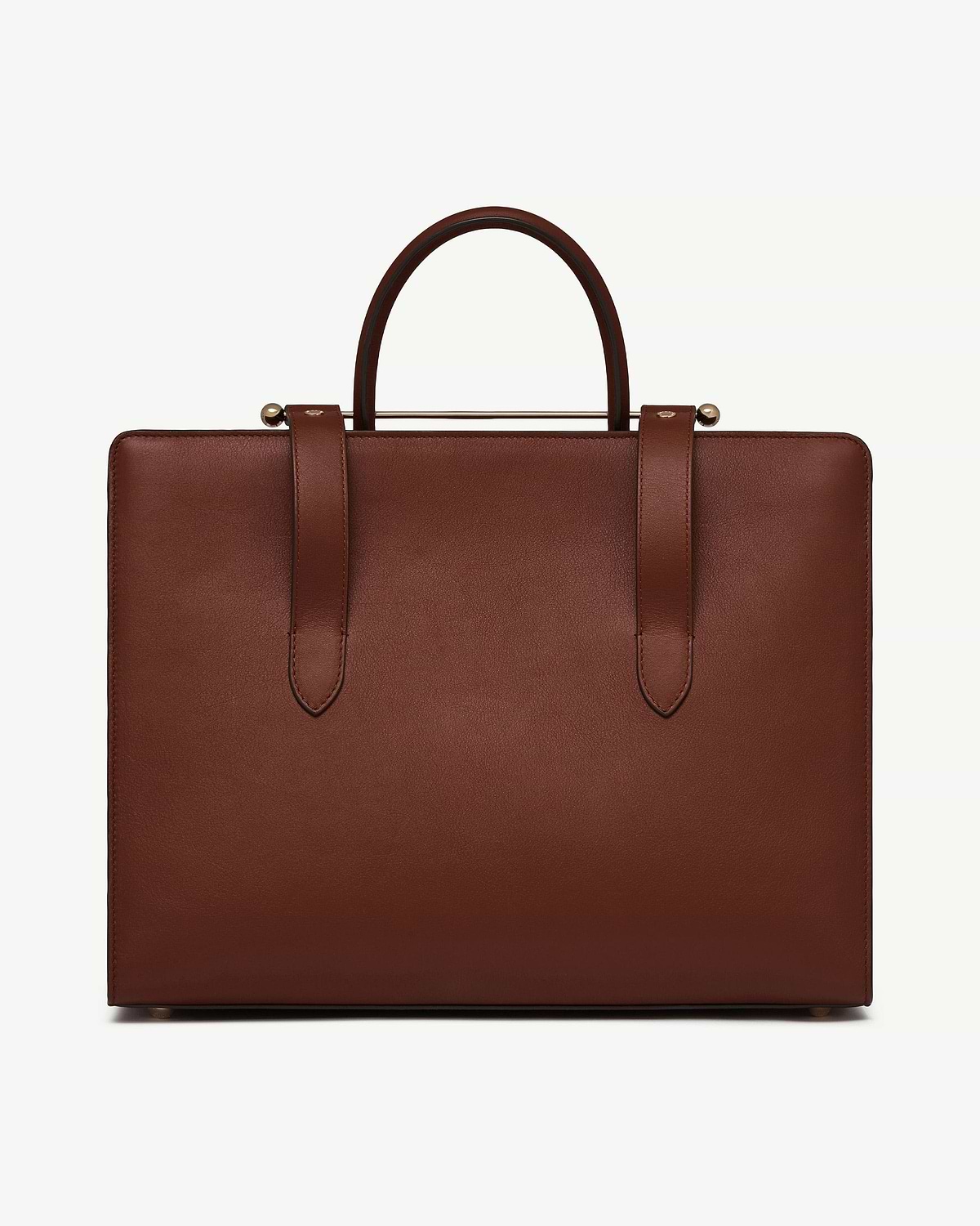 Walnut leather tote with double top handles and structured rectangular body.