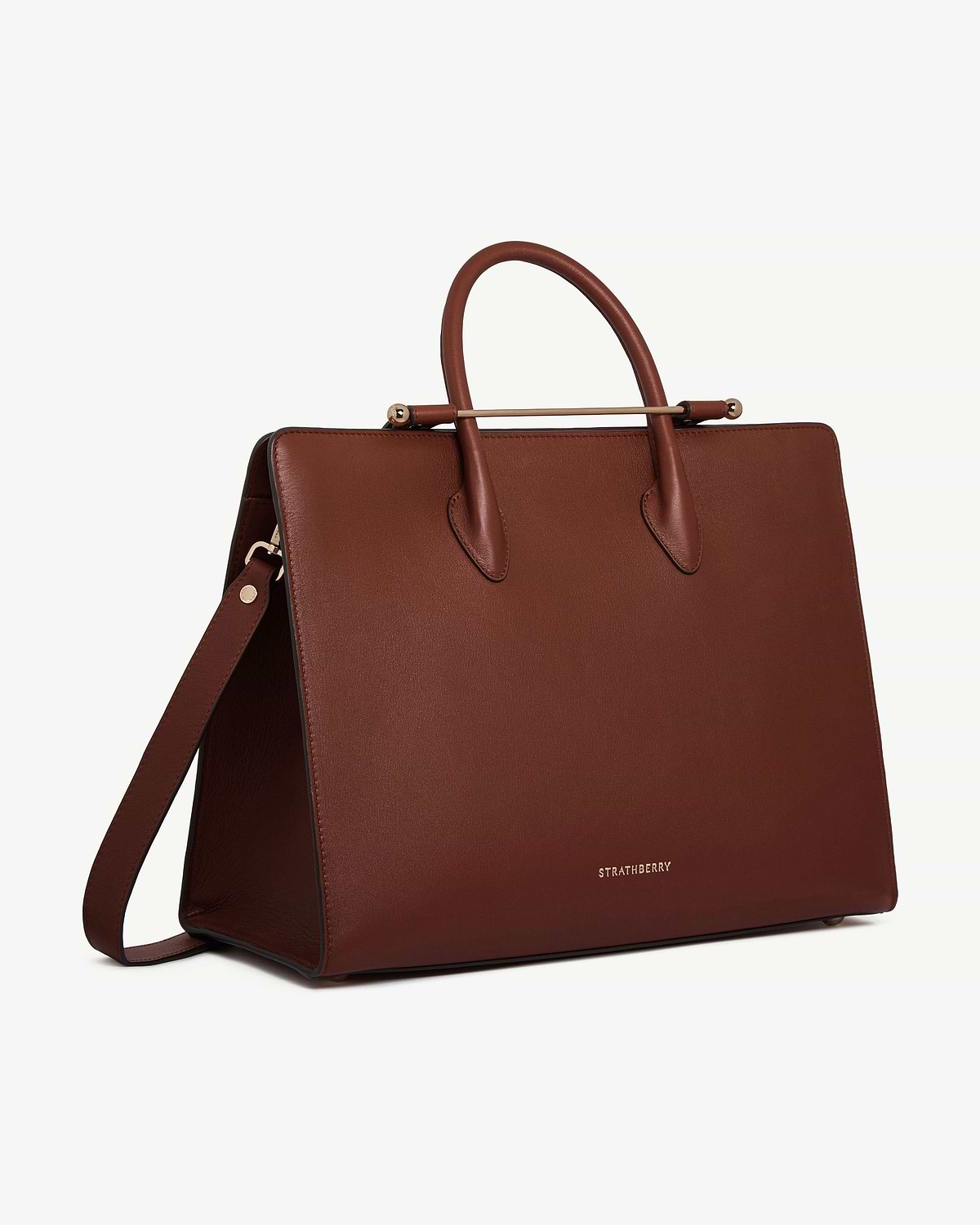 Walnut leather tote with top handles, shoulder strap, gold bar detail, Strathberry logo
