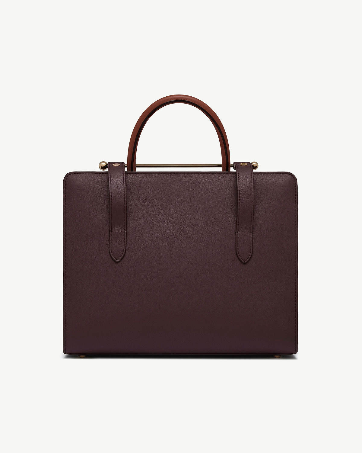 Burgundy, walnut and chestnut midi tote with double handles and gold bar detail.
