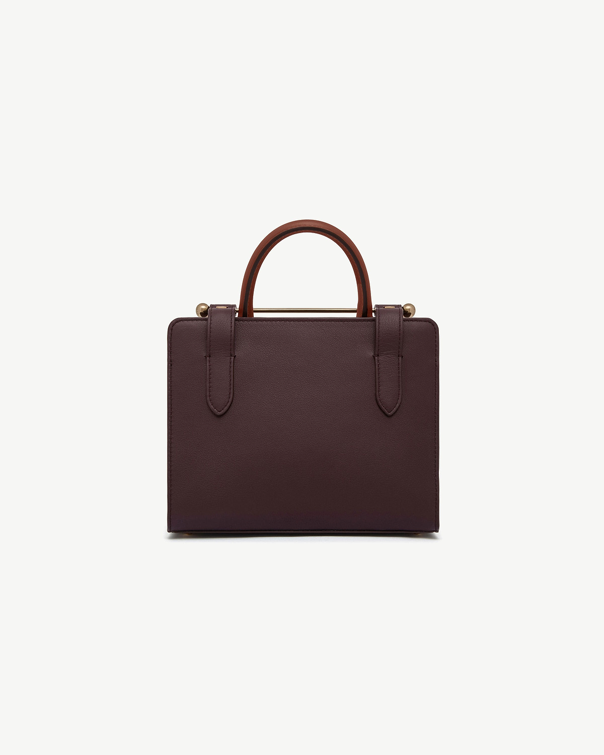 Burgundy mini tote with chestnut top handle, walnut trim and gold hardware.