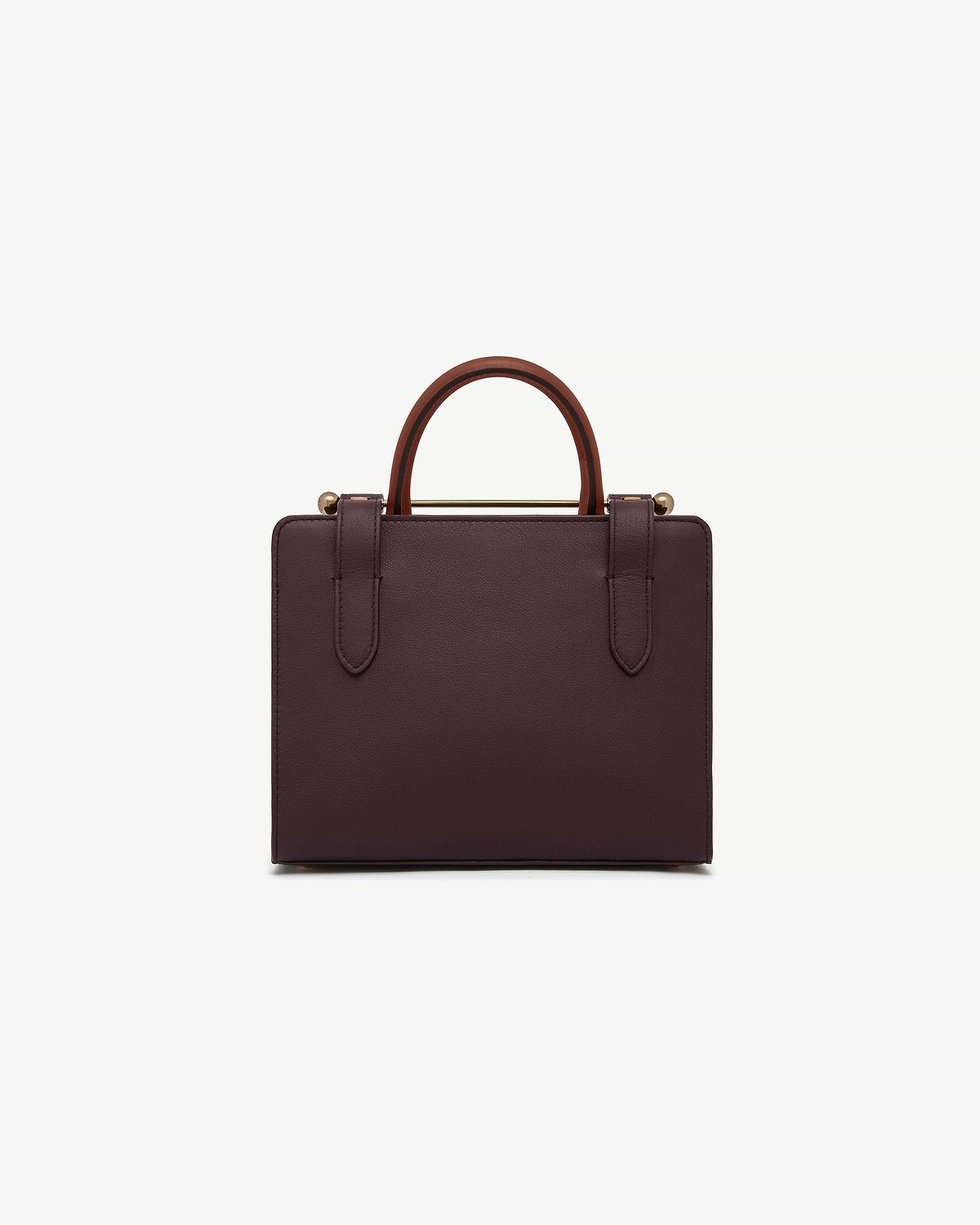 Burgundy mini tote with chestnut top handle, walnut trim and gold hardware.