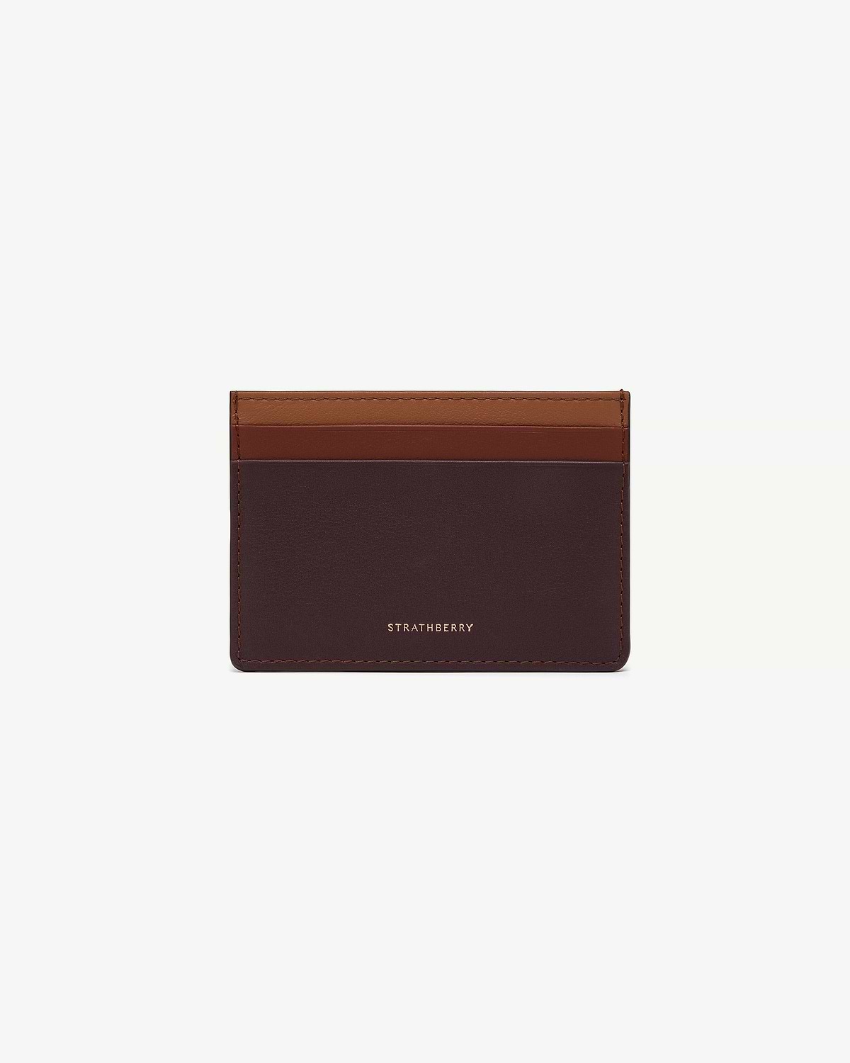 Front view burgundy, walnut and chestnut leather cardholder with Strathberry logo.