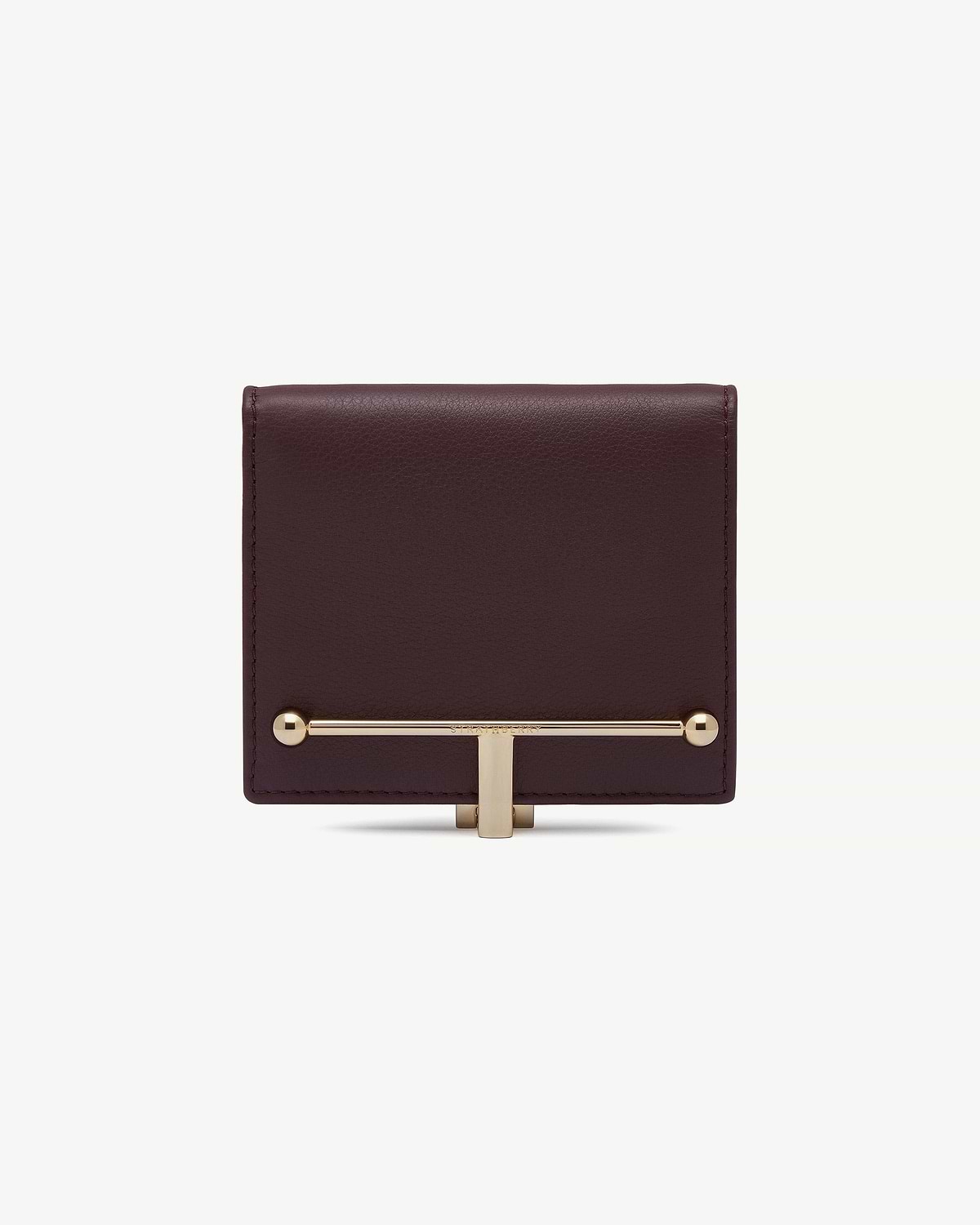 Burgundy leather Melville Street wallet front with gold T-bar hardware.