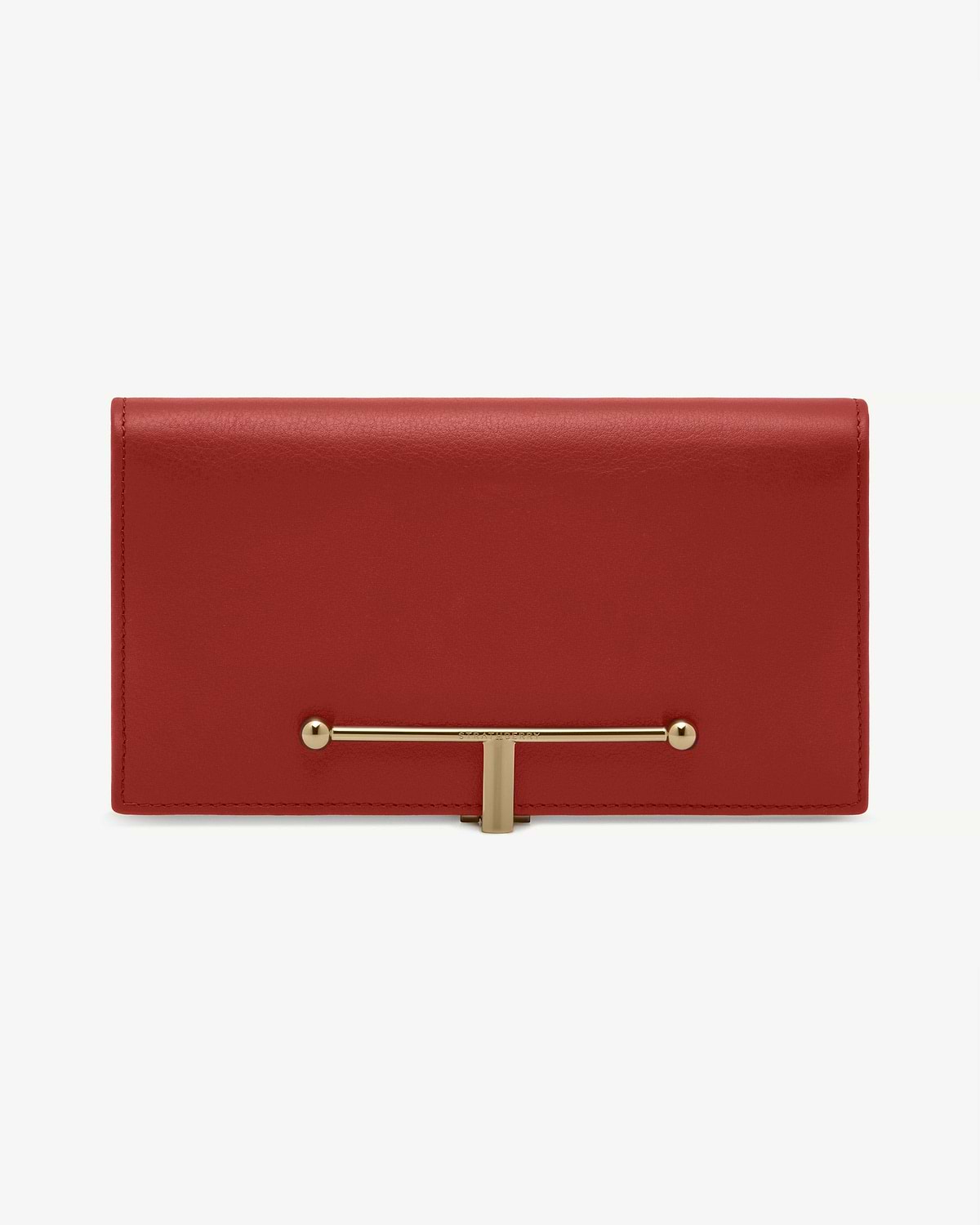 Levanto red Strathberry large Melville Street wallet with gold T-bar closure.