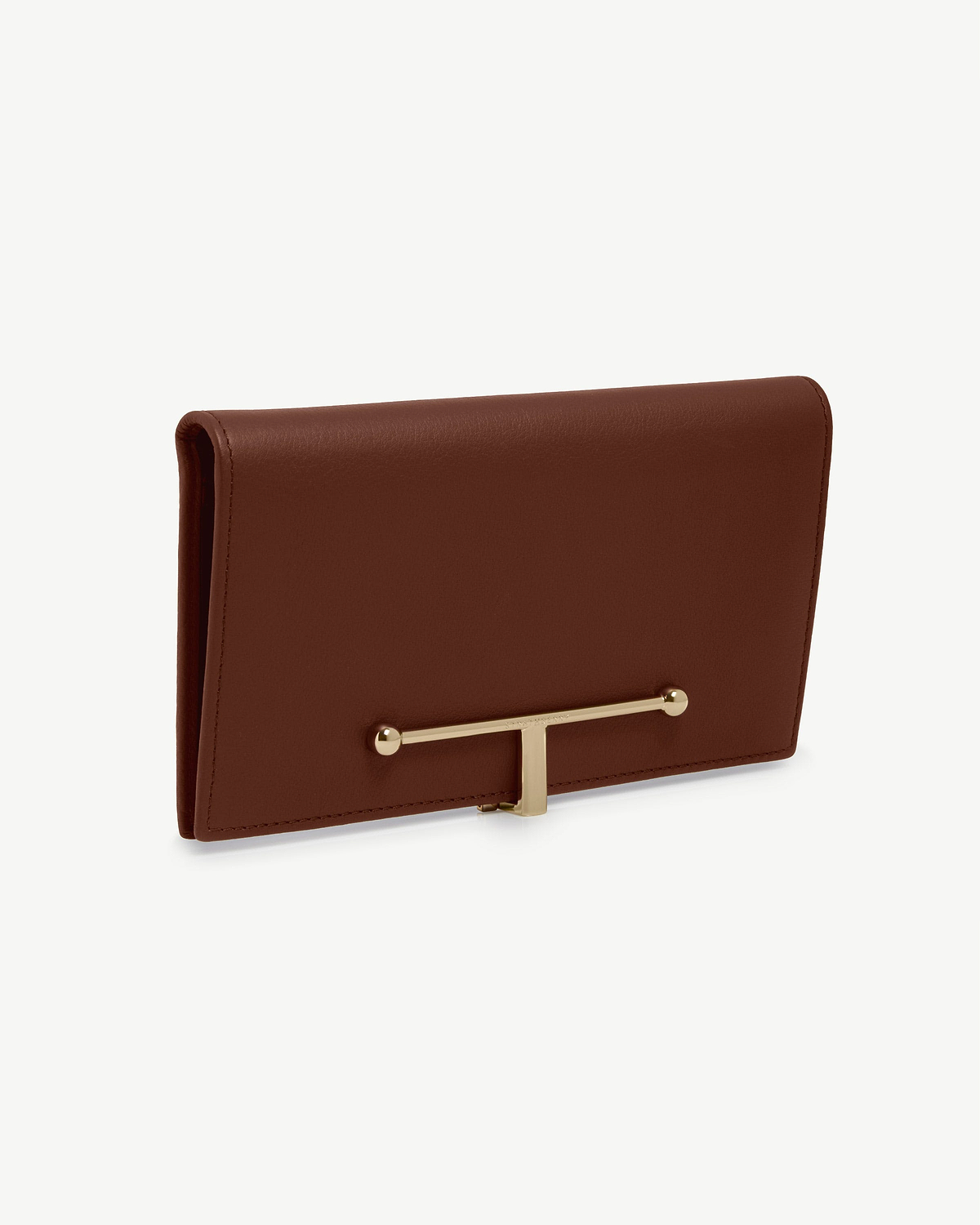 Large walnut leather wallet with gold T-bar fastening on front.